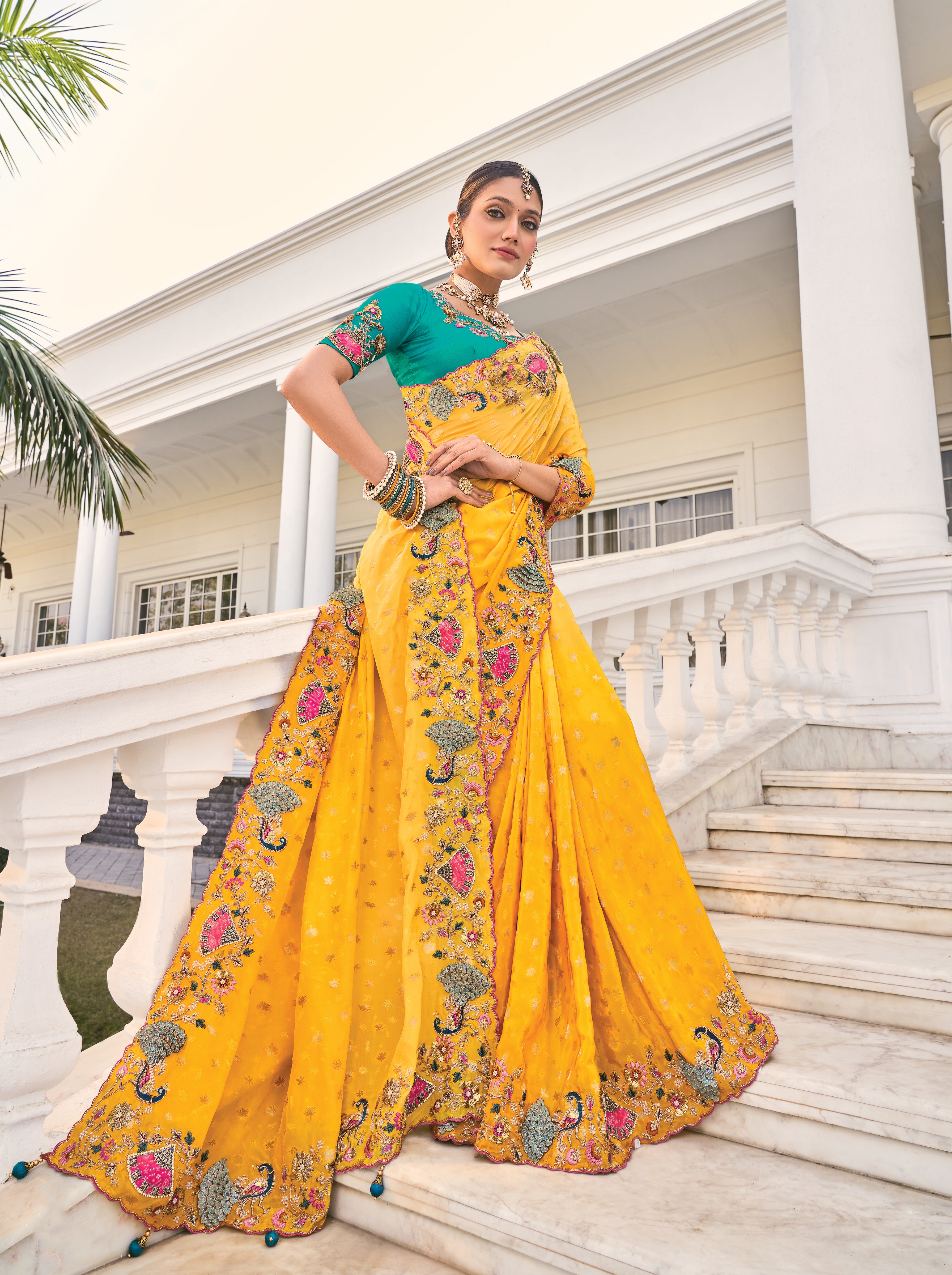 Yellow Natural Crepe Saree With Embroidery Work