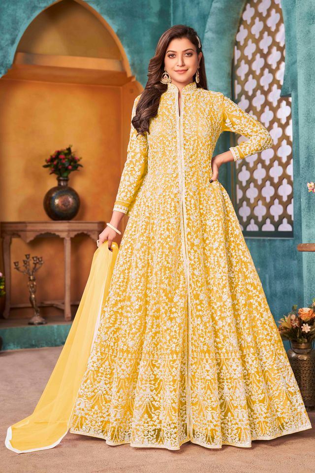 Yellow Net Heavy Thread Embroidery With Sequins Work Anarkali Suits