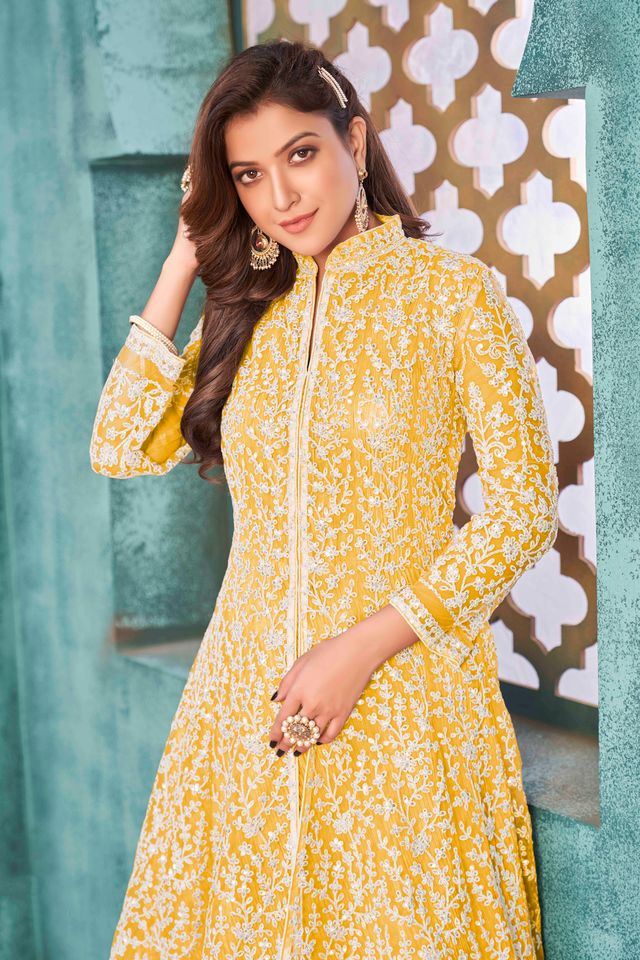Yellow Net Heavy Thread Embroidery With Sequins Work Anarkali Suits