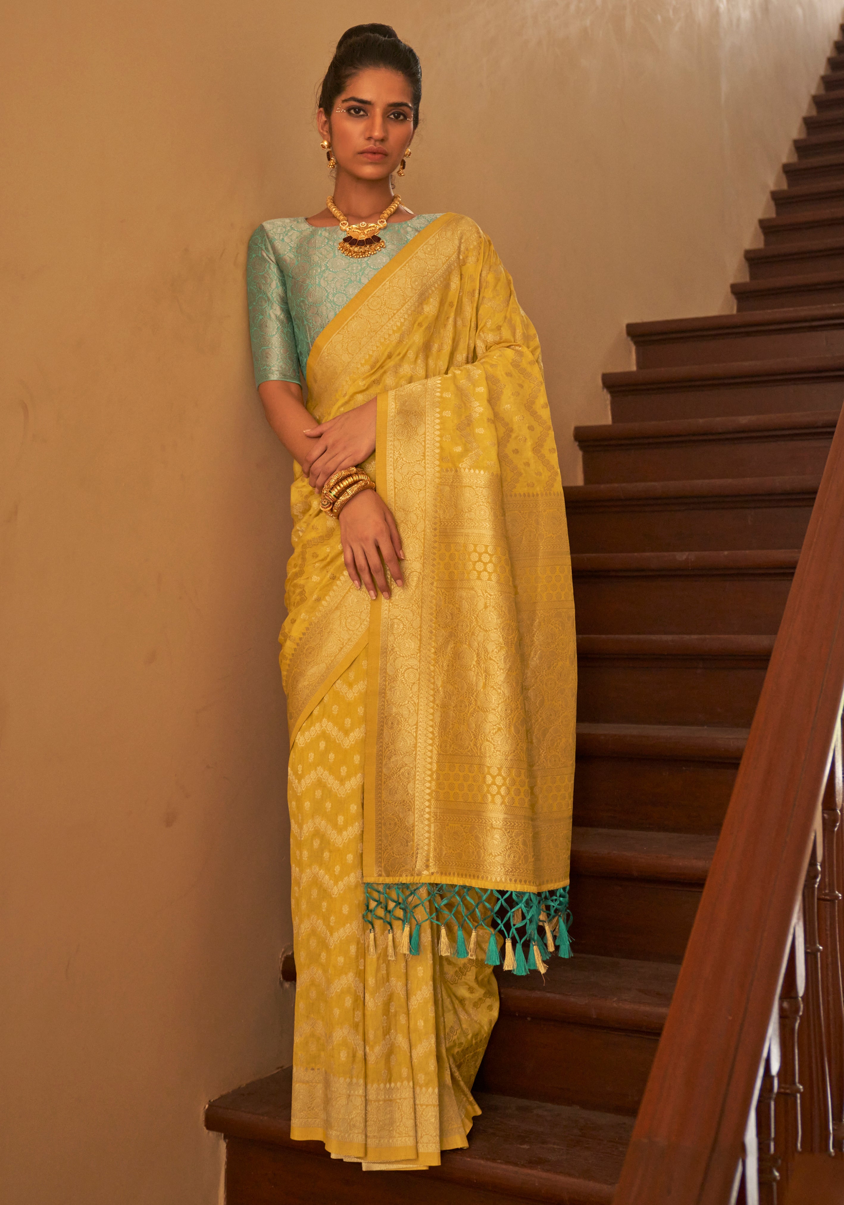 Yellow Nylon Saree With Jacquard Woven Work