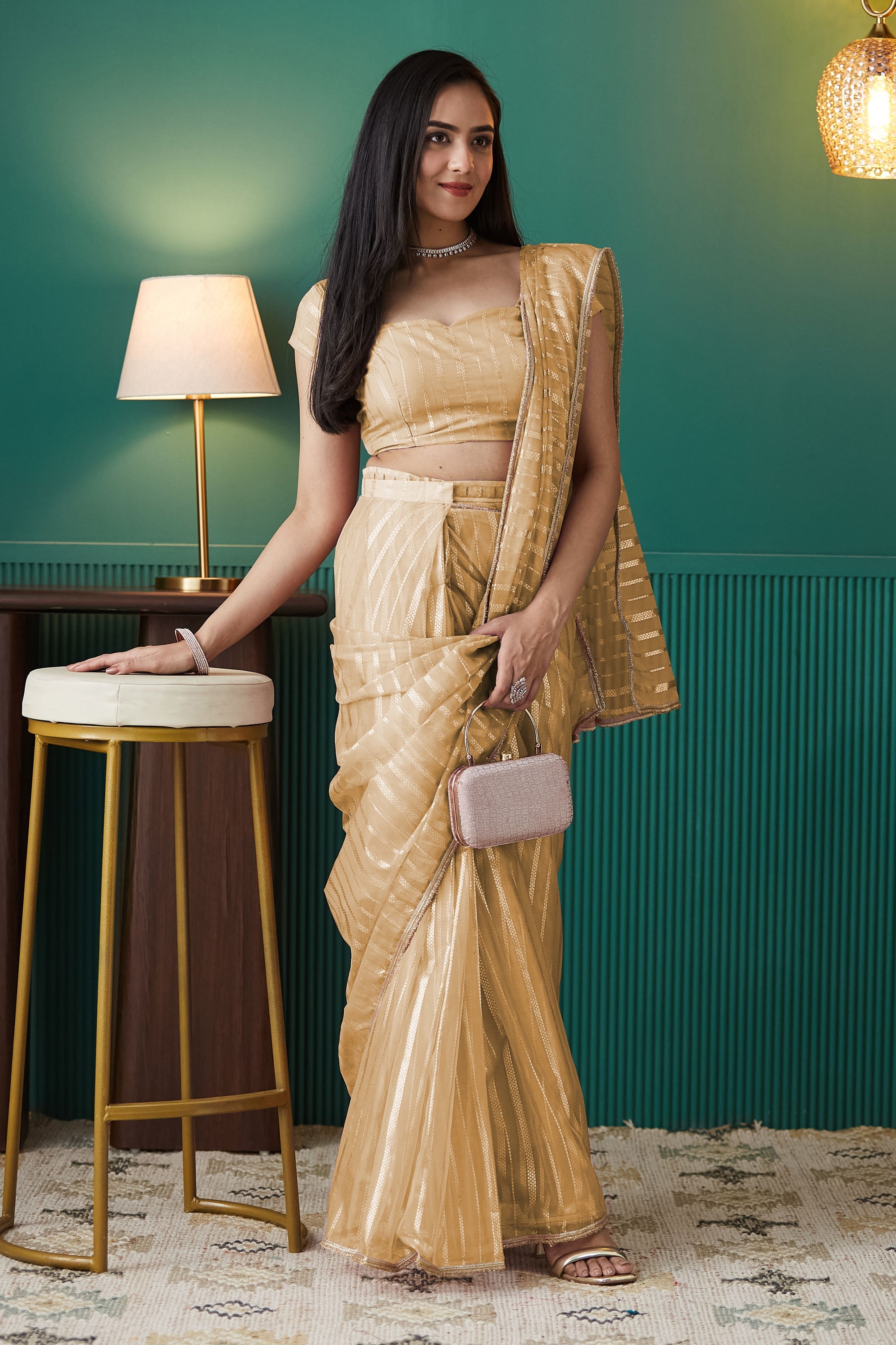 Yellow Organza Designer Foil Printed Partywear Saree