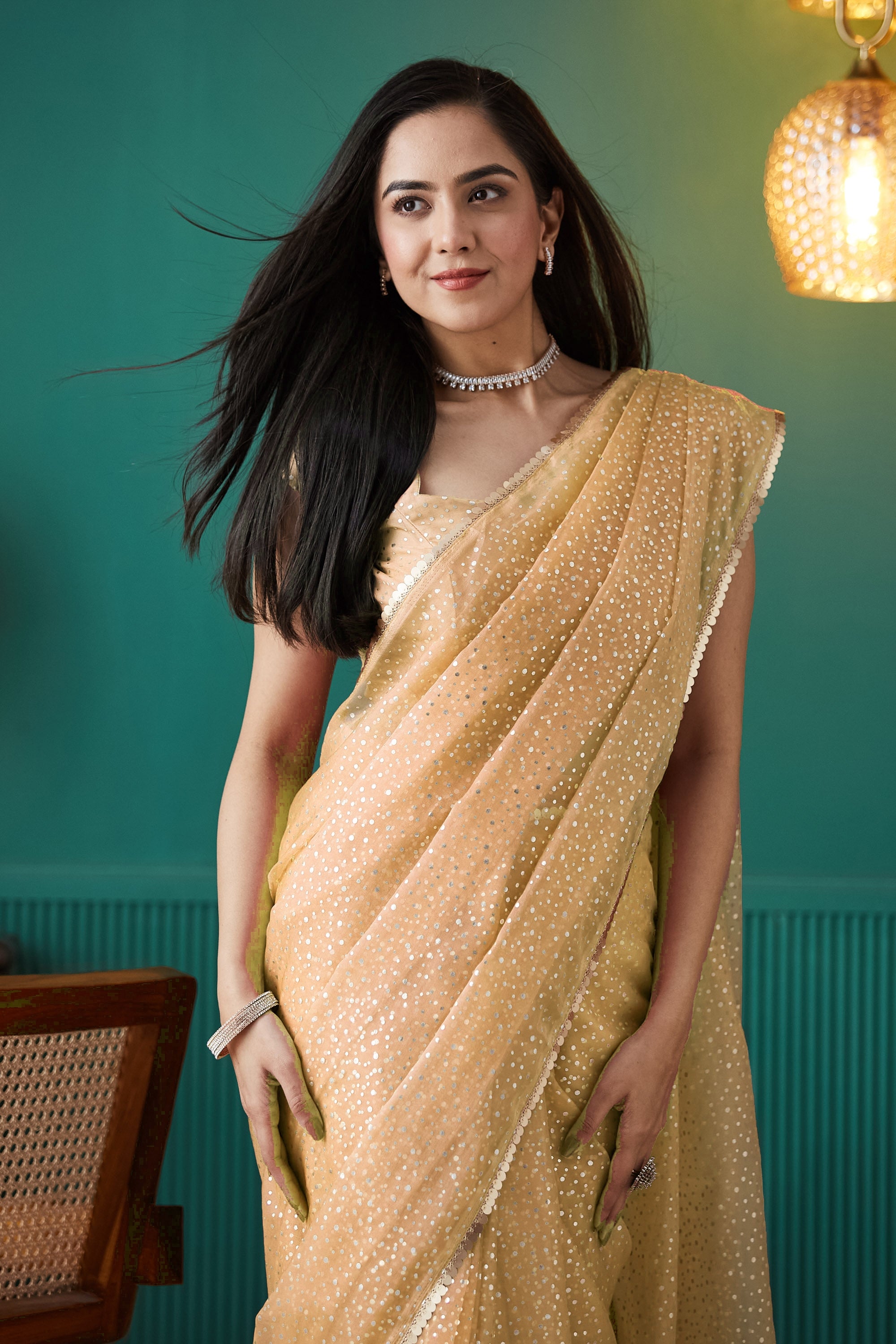 Yellow Organza Designer Foil Printed Partywear Saree