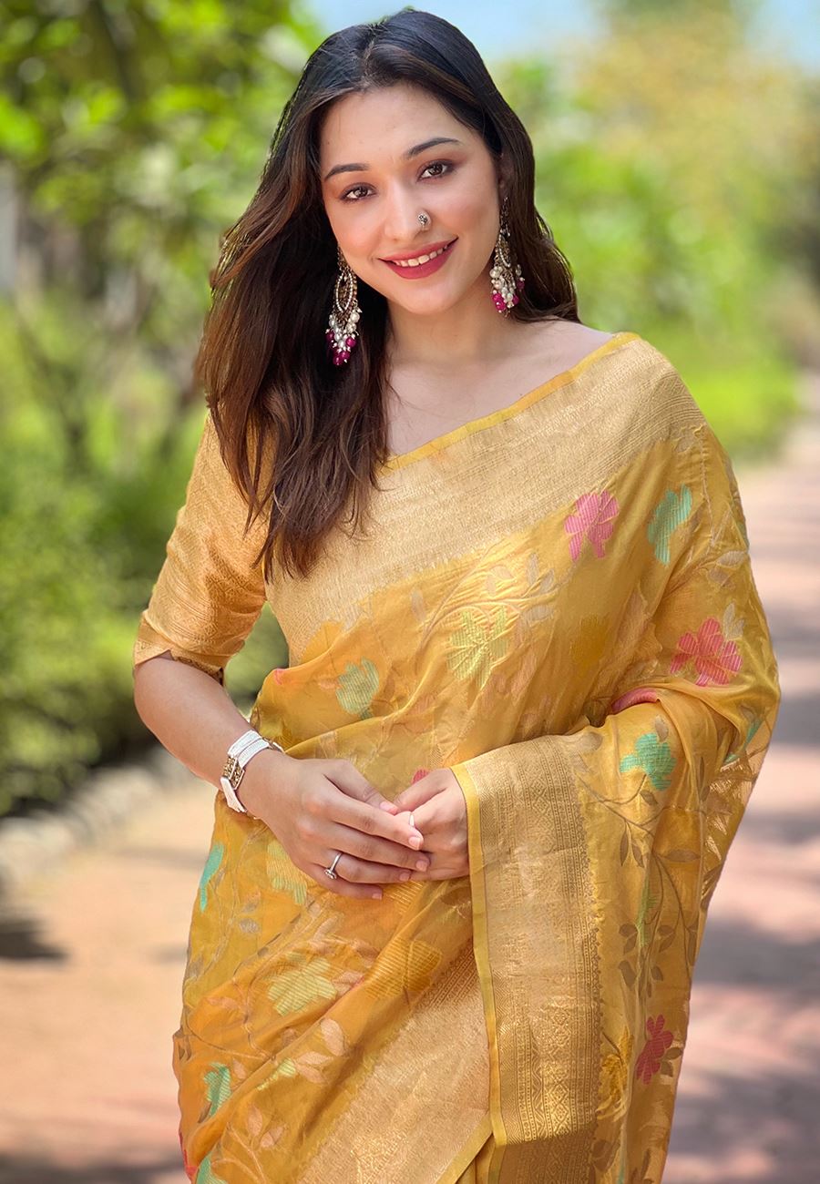 Yellow Organza Saree With Woven Work