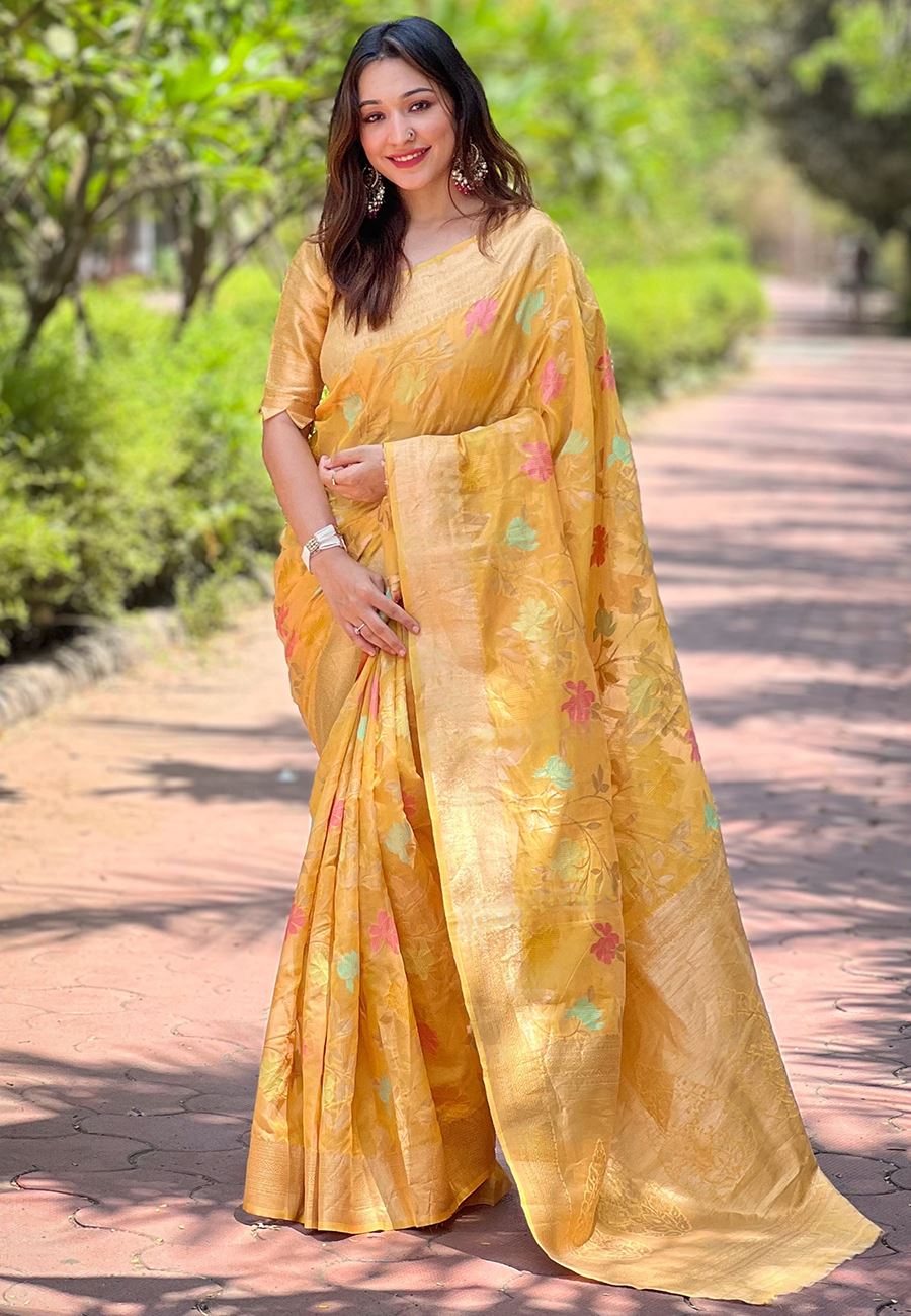 Yellow Organza Saree With Woven Work