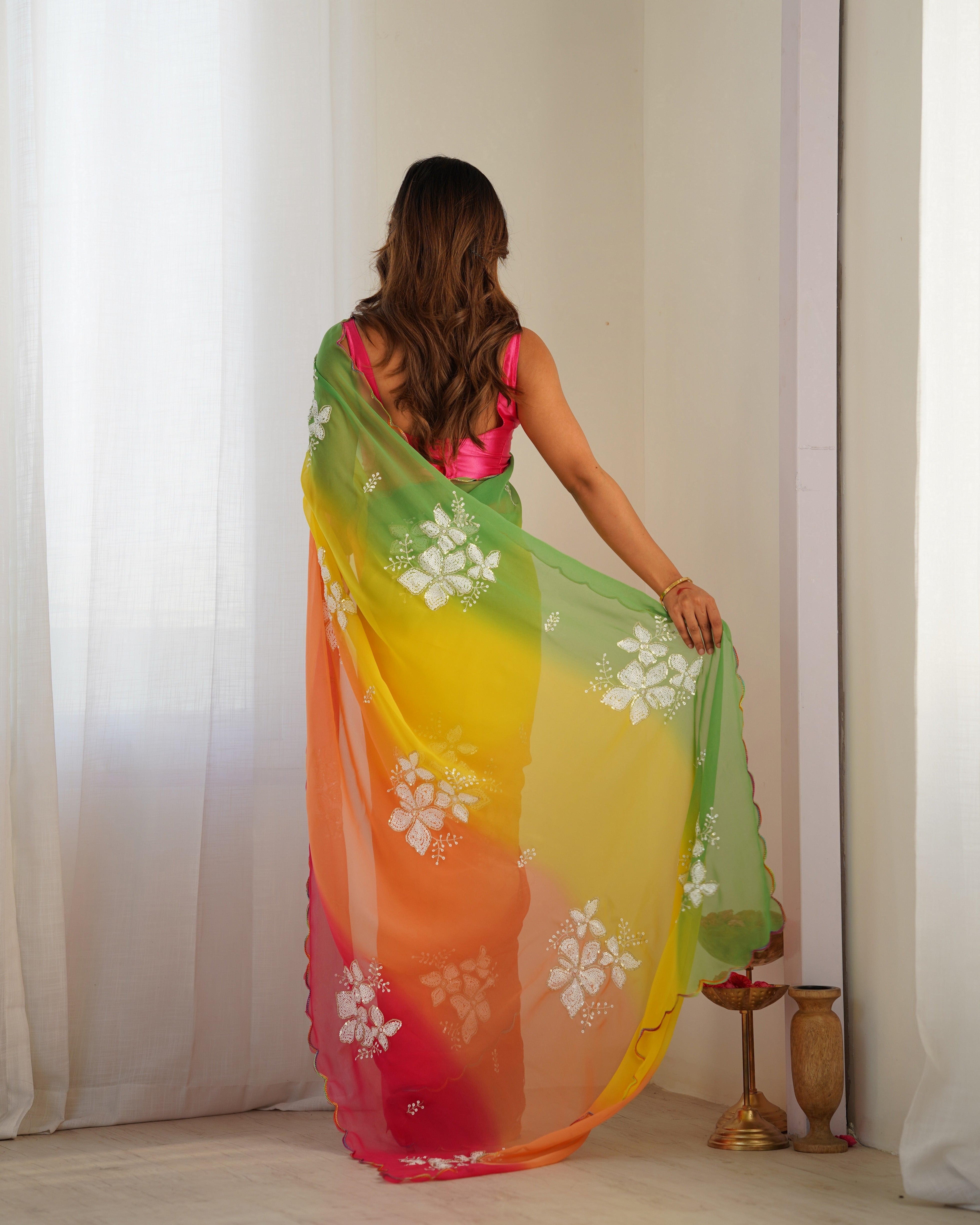 Yellow Padding Georgette Sequins Embroidered Saree