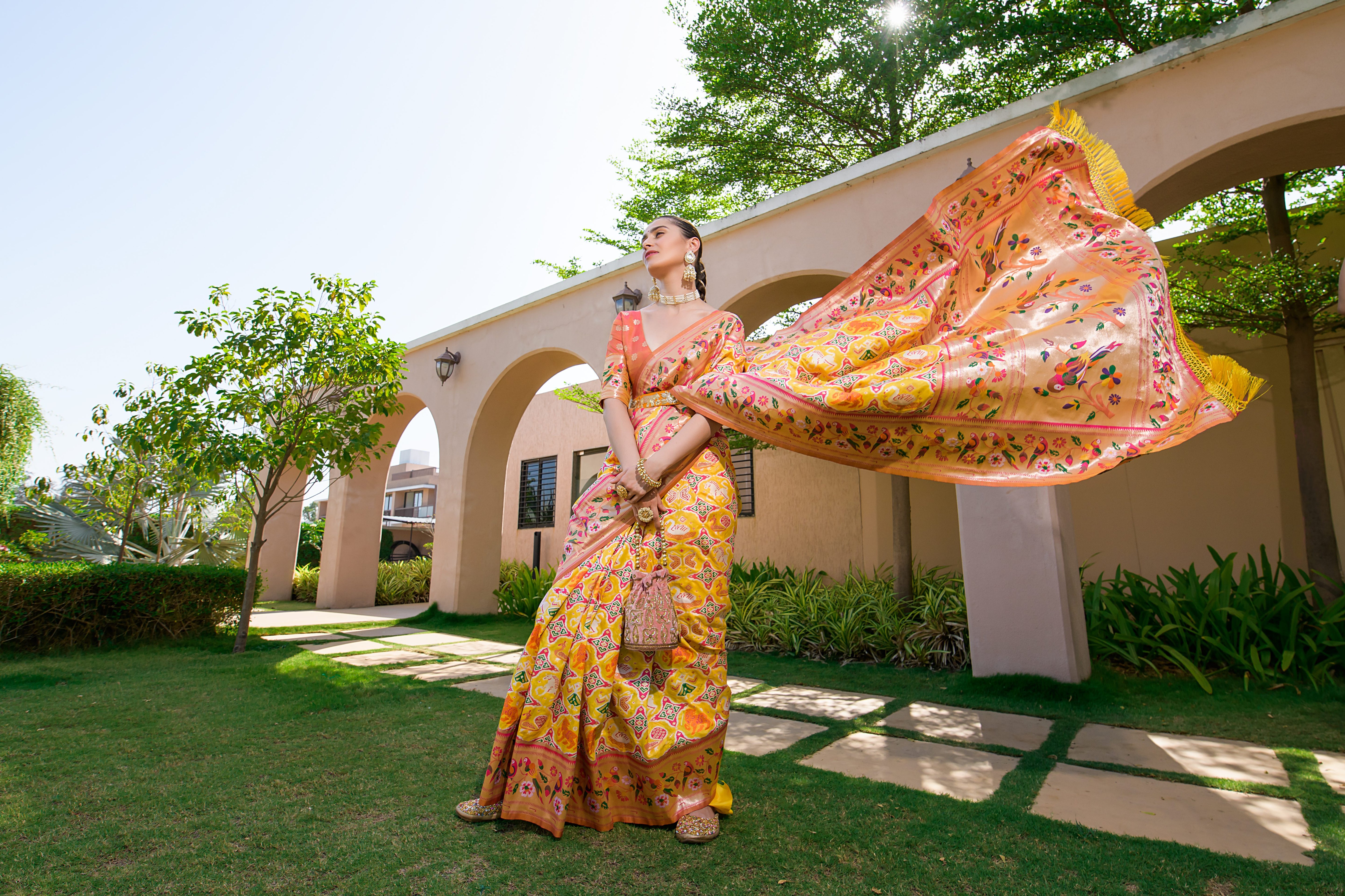 Yellow Paithani Silk Saree with Meenakari Zari and Pallu