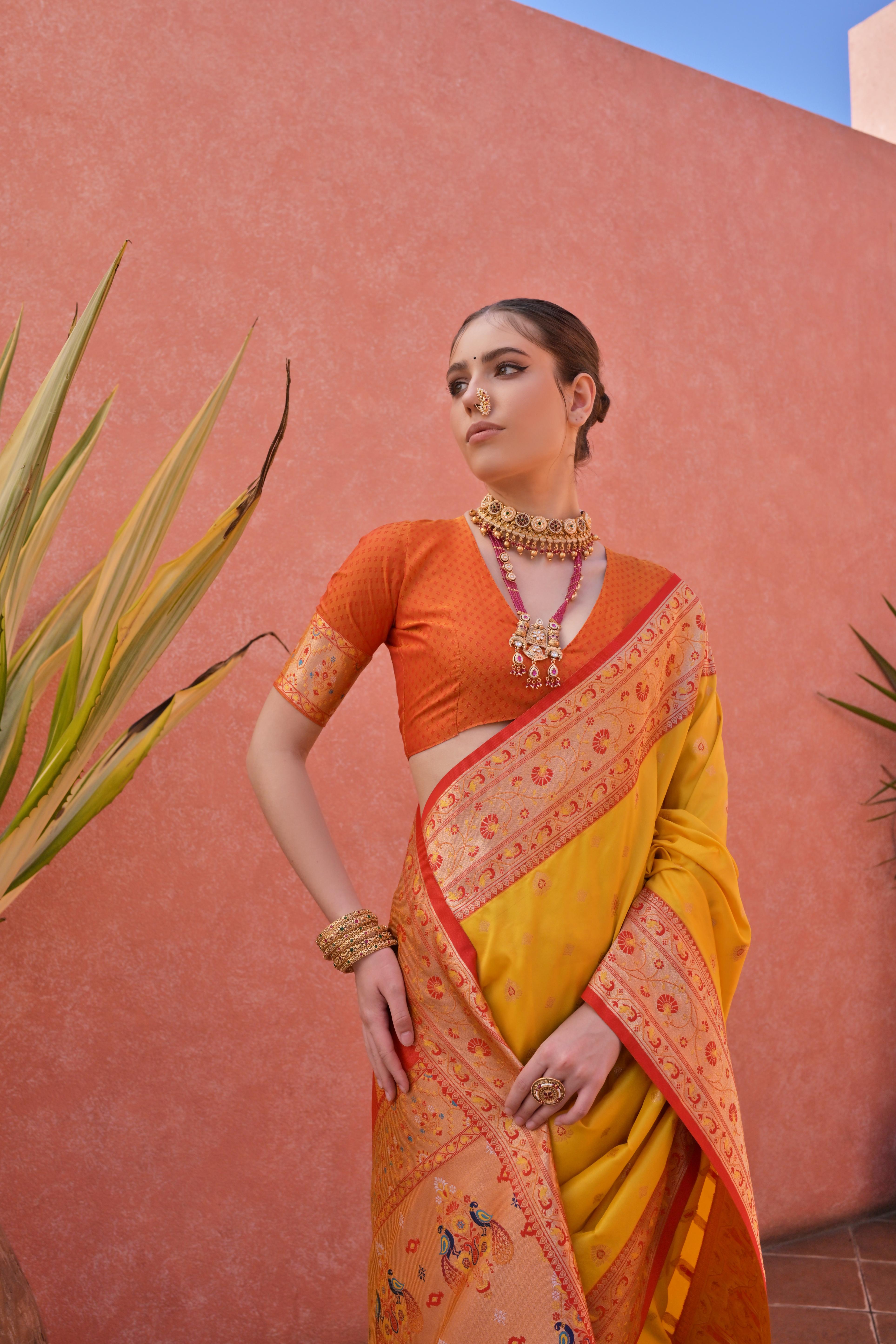 Yellow Paithani Silk Saree with Paithani Pallu and Zari Butti