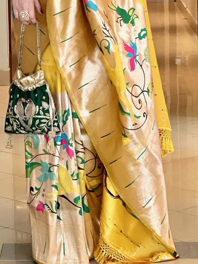 Yellow Paithani Silk Saree with Zari Design and Butti
