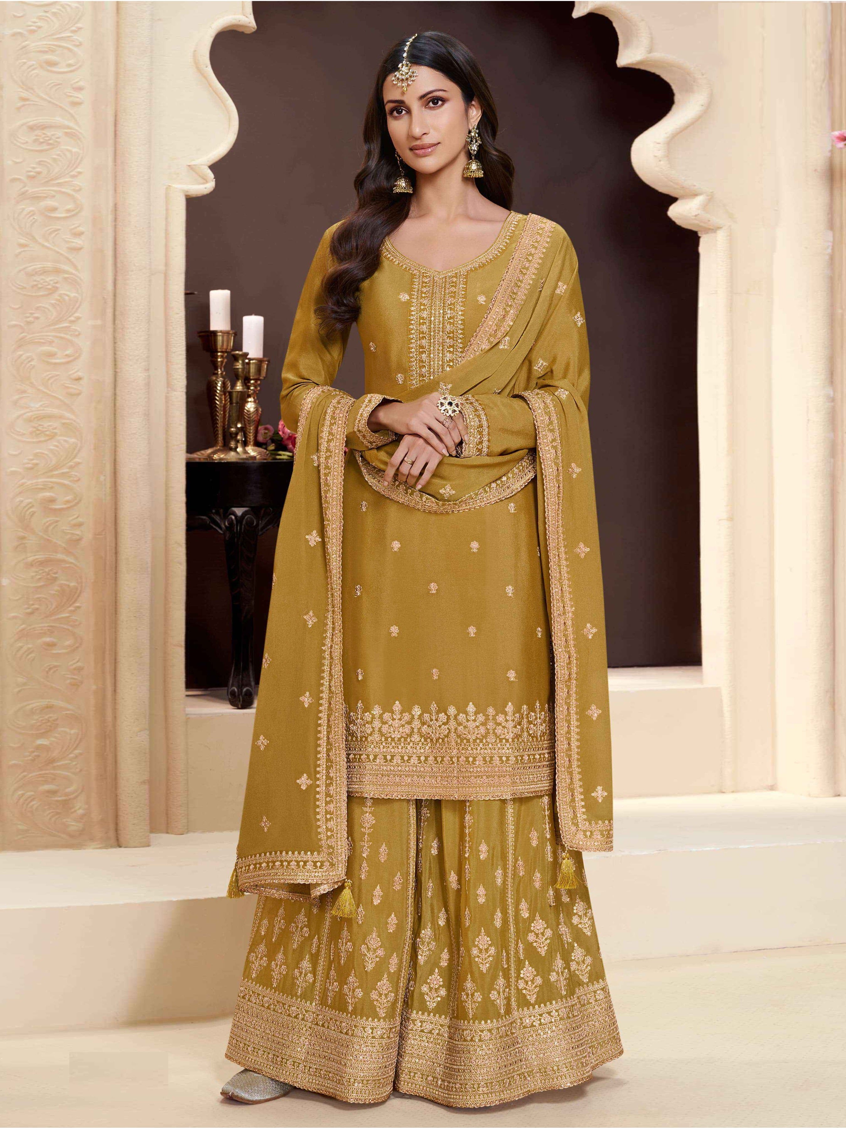 Yellow Palazo Suit With Heavy Embroidery Work