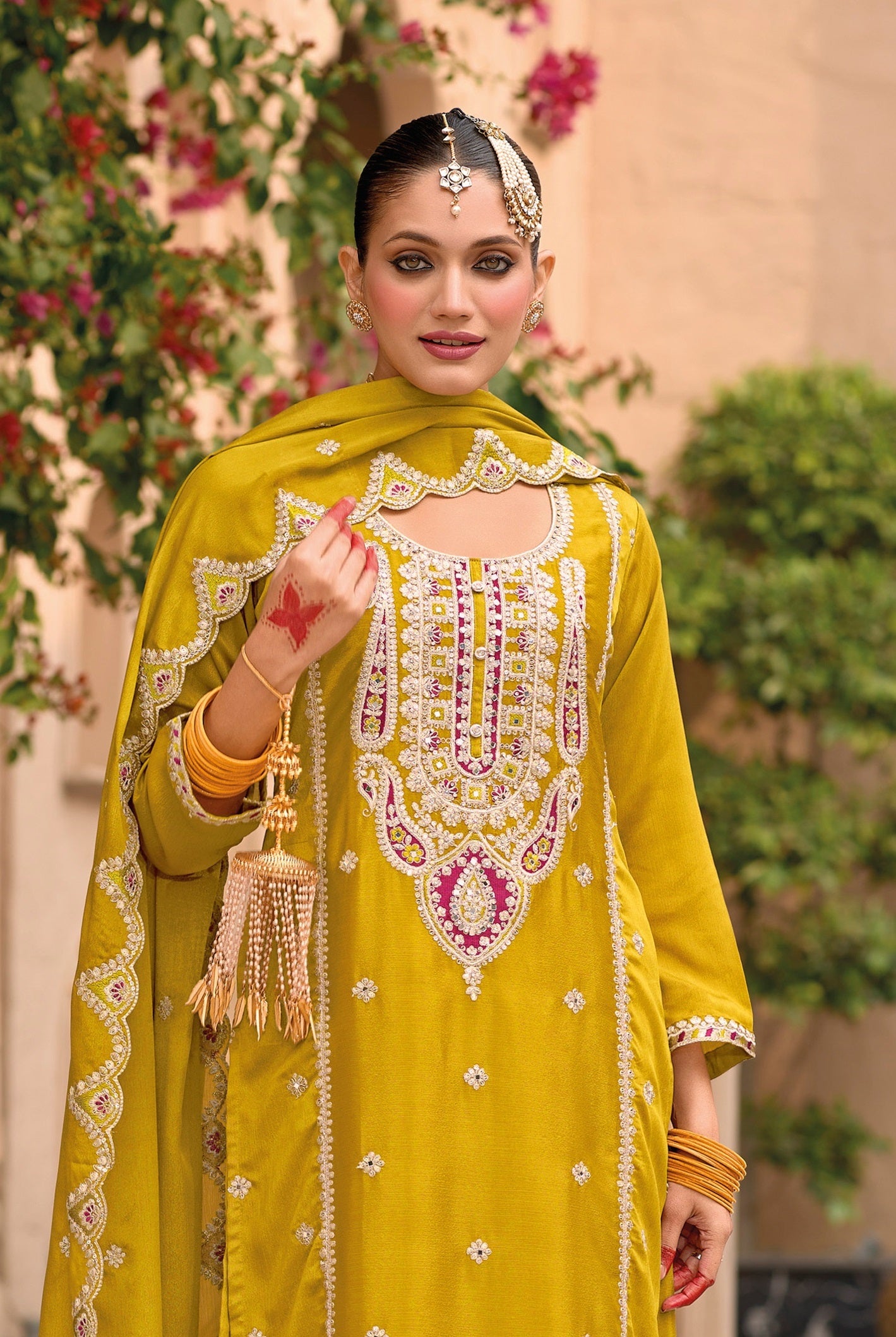 Yellow Palazzo Style Salwar Suit With Heavy Embroidery Work