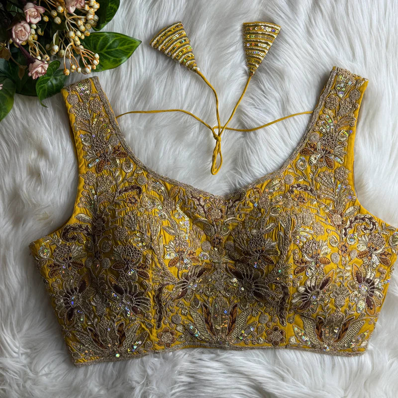 Yellow Partywear Roman Silk Bridal Blouse with Heavy Stars & Rainbow Work