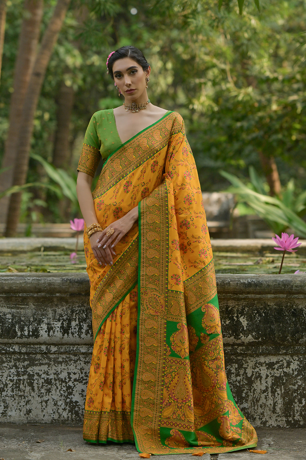 Yellow Pashmina Silk Saree with Floral Jal and Thread Pallu