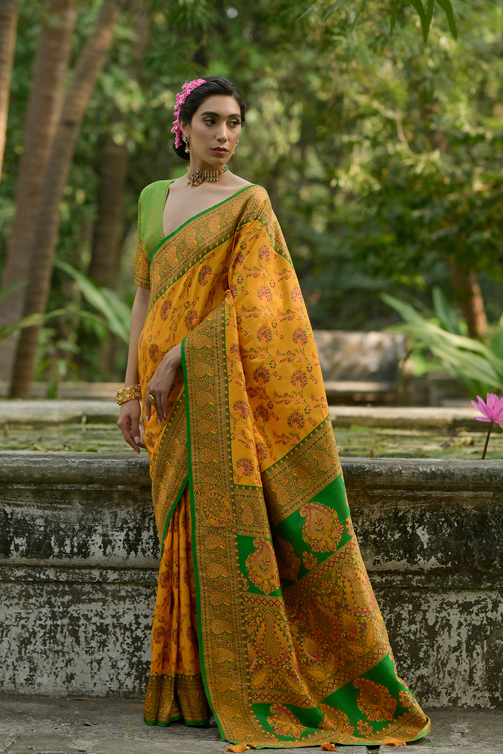Yellow Pashmina Silk Saree with Floral Jal and Thread Pallu