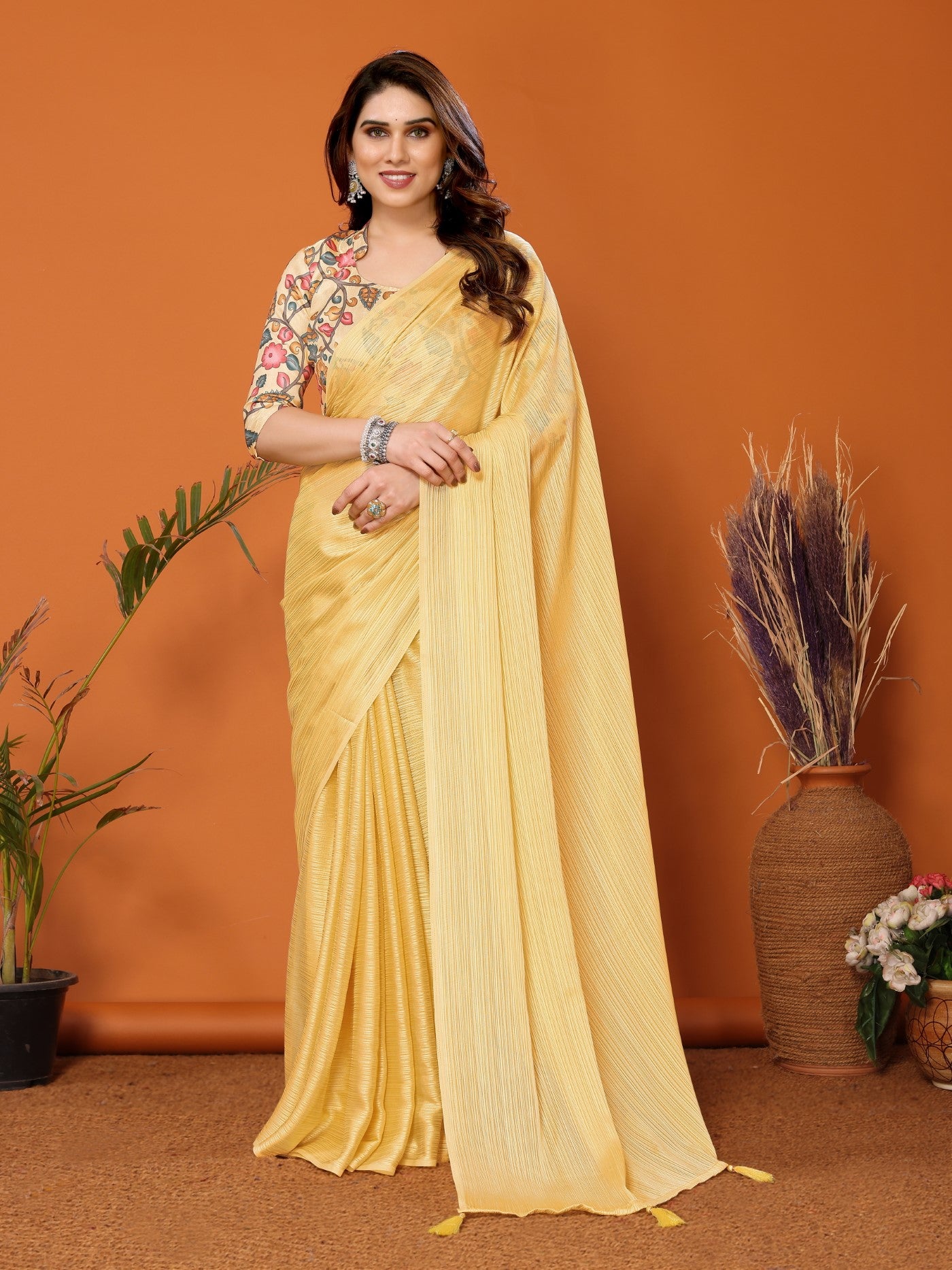 Yellow Polyester Zari Saree With Plain Saree With Kalamkari Print Blouse