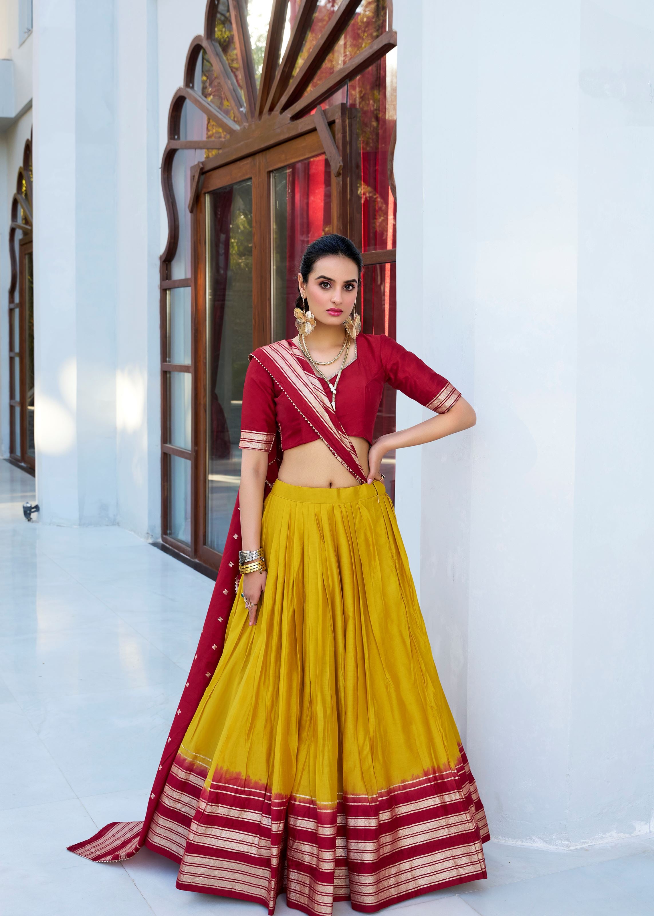 Yellow Pure Chanderi Lehenga in Yellow Green with Zari Charm