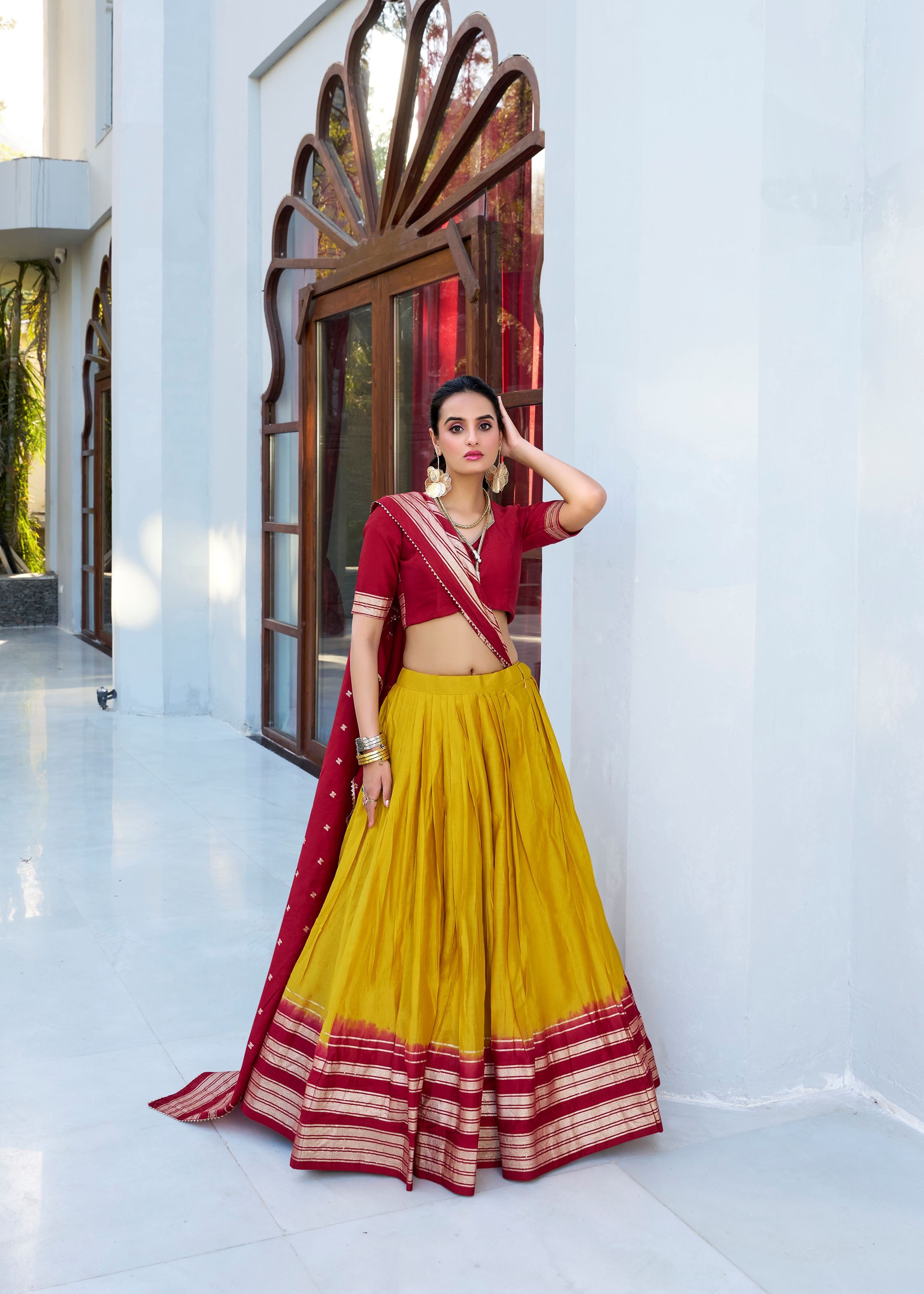 Yellow Pure Chanderi Lehenga in Yellow Green with Zari Charm