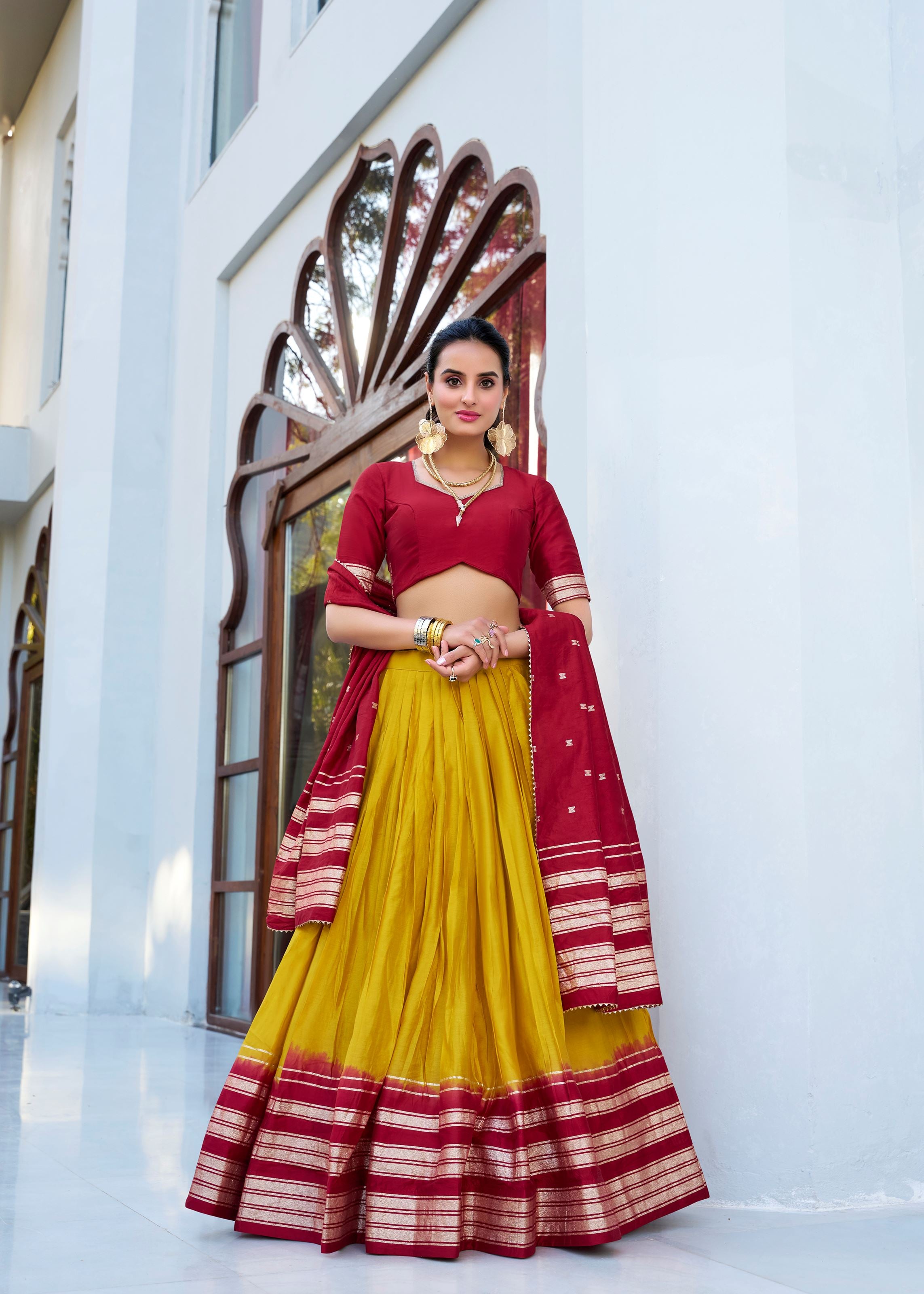 Yellow Pure Chanderi Lehenga in Yellow Green with Zari Charm