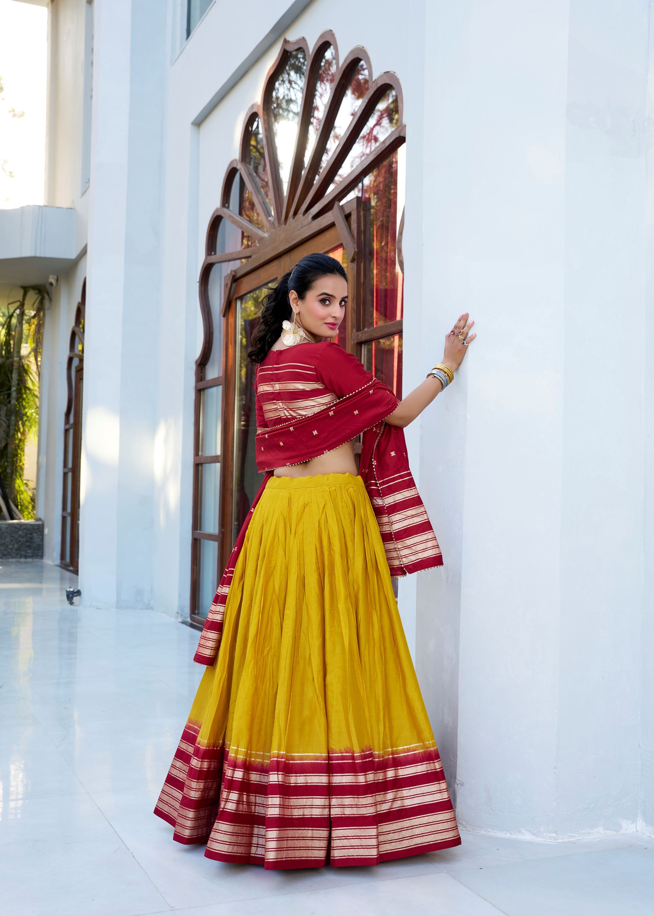 Yellow Pure Chanderi Lehenga in Yellow Green with Zari Charm