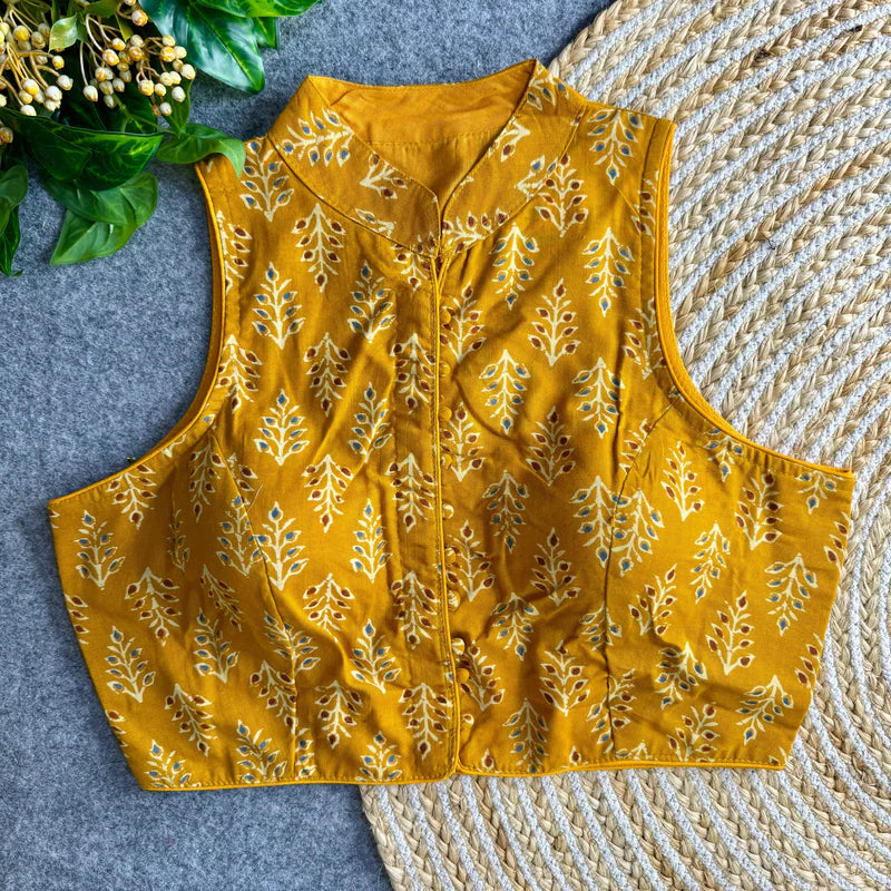Yellow Pure Cotton Ajrakh Print High Neck Saree Blouse for Women