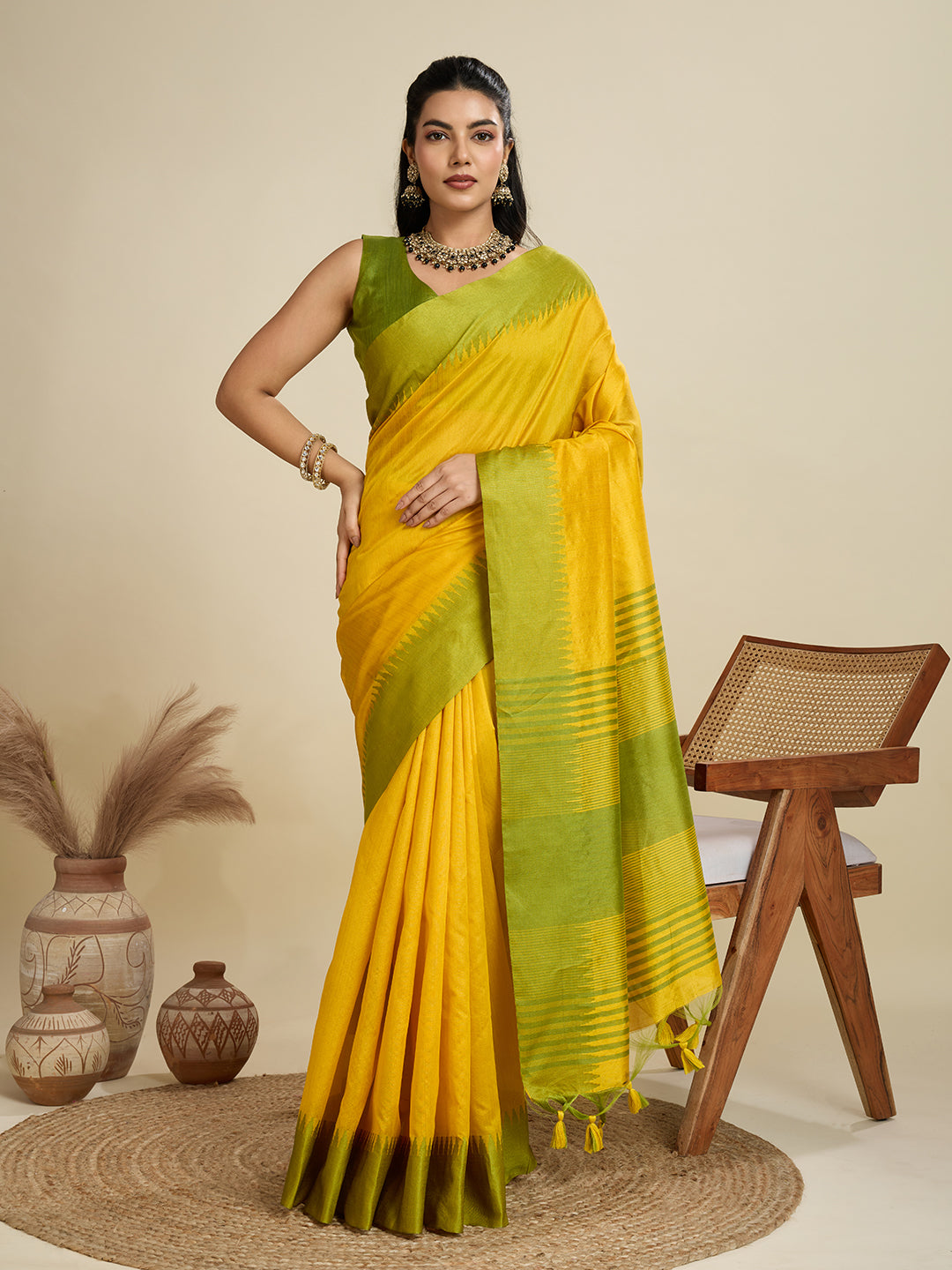 Yellow Raw Silk Saree with Temple Border and Striped Pallu