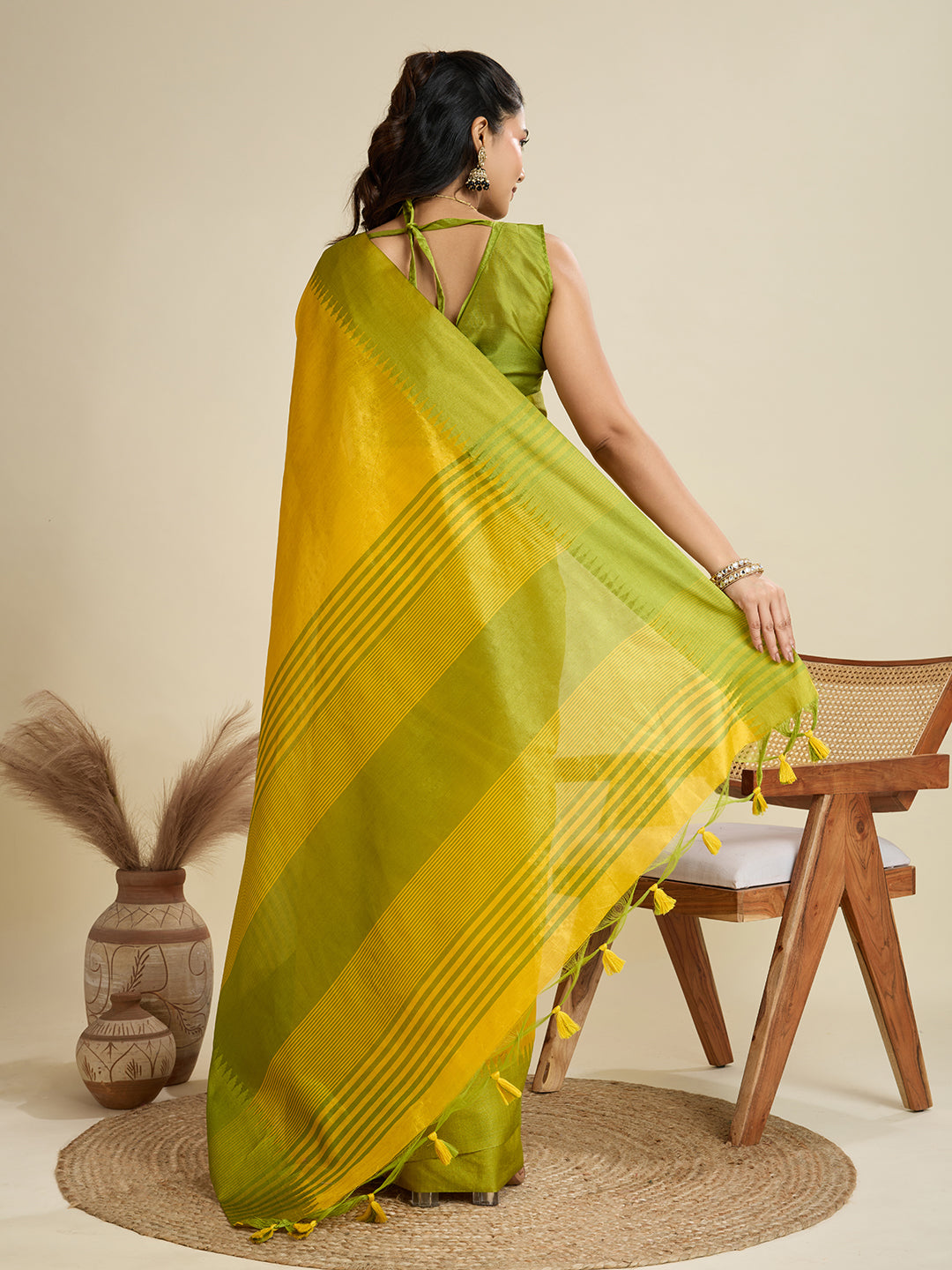 Yellow Raw Silk Saree with Temple Border and Striped Pallu