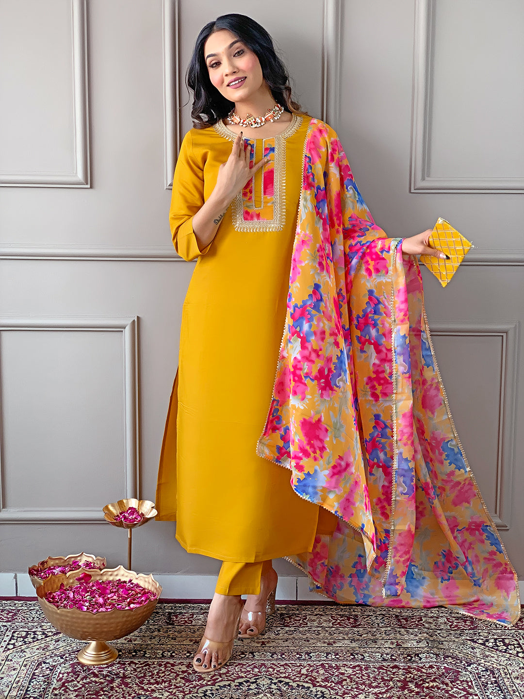 Yellow Rayon Elegant Kurta Pant Set With Embroidery Work