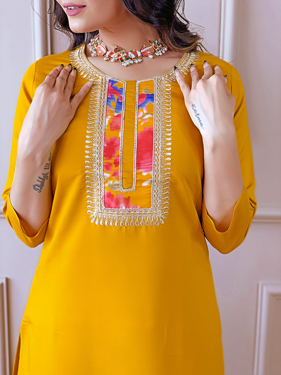 Yellow Rayon Elegant Kurta Pant Set With Embroidery Work