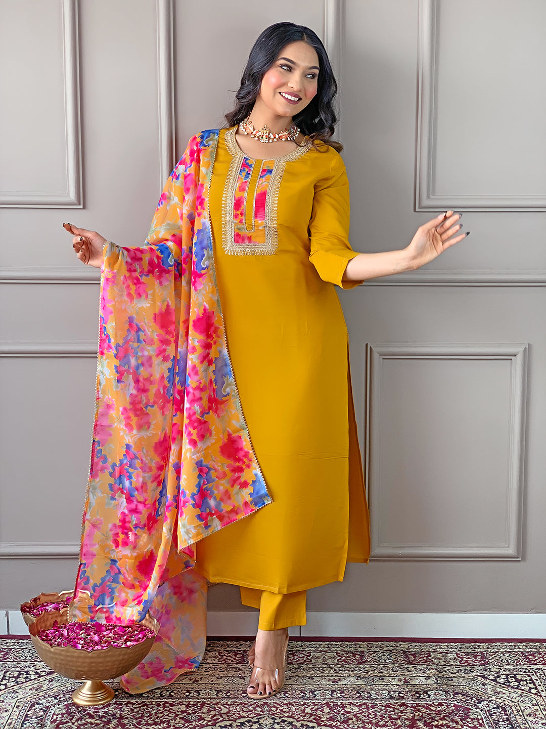 Yellow Rayon Elegant Kurta Pant Set With Embroidery Work