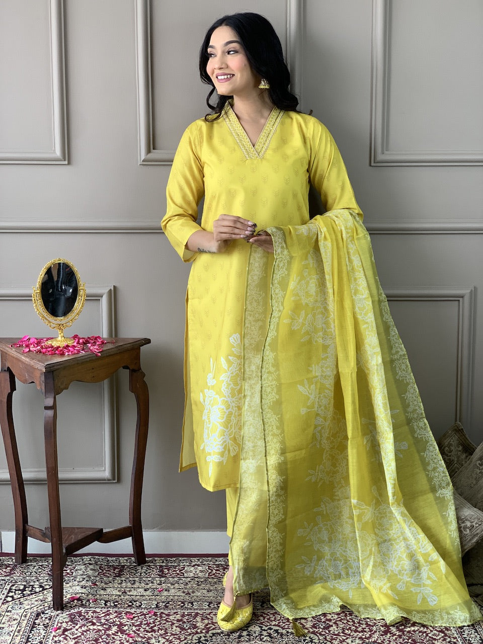 Yellow Rayon Elegant Kurta Pant Set With Print Embroidery Work