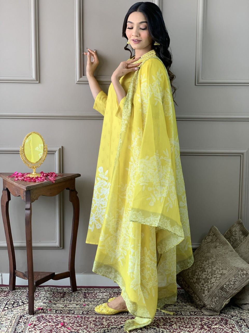 Yellow Rayon Elegant Kurta Pant Set With Print Embroidery Work