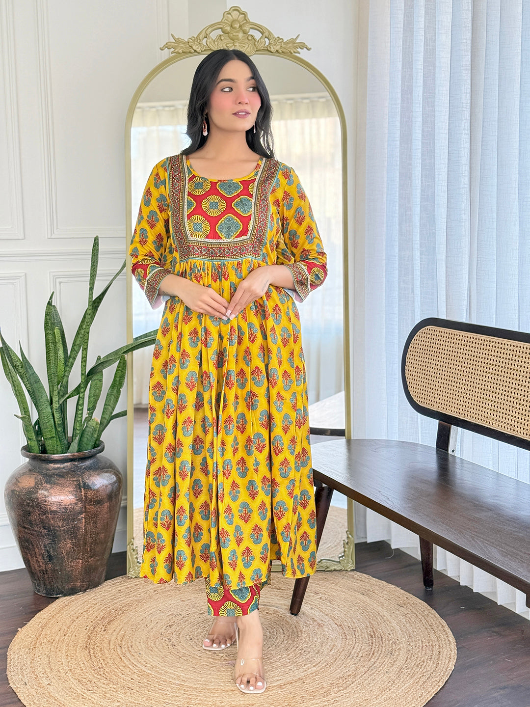 Yellow Rayon Elegant Kurta Pant Set With Print