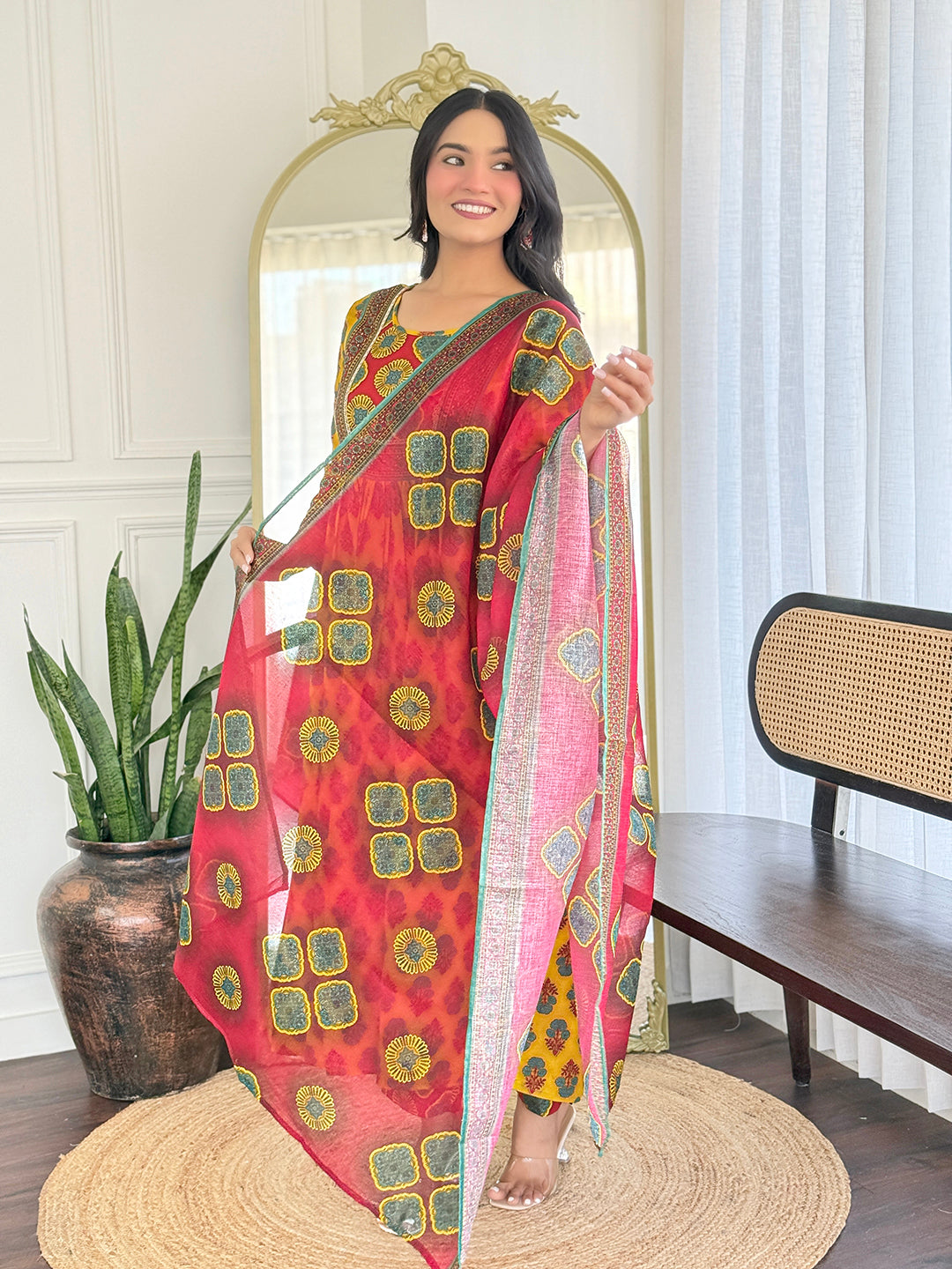 Yellow Rayon Elegant Kurta Pant Set With Print