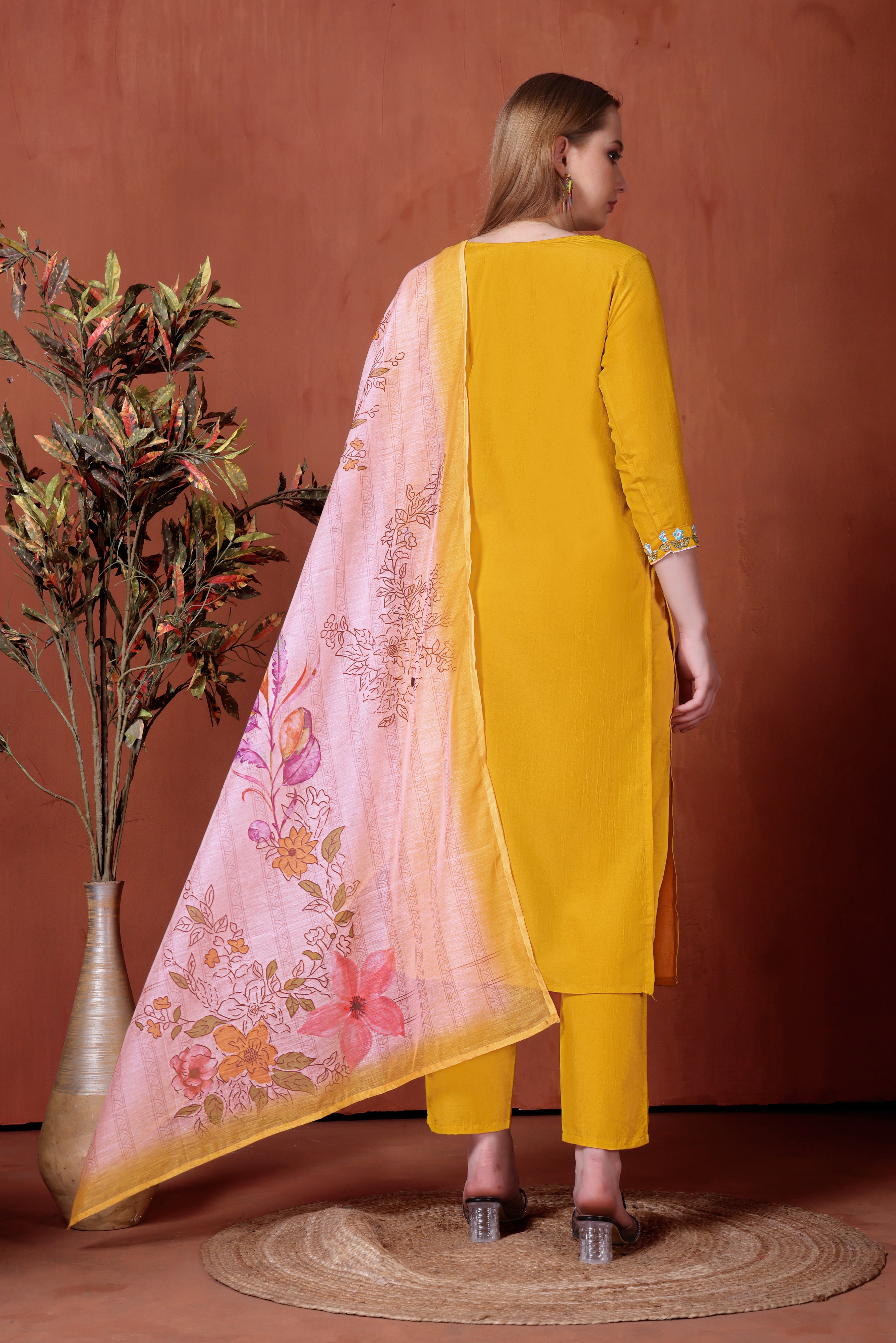 Yellow Rayon Kurta Pant Set With Heavy Thread Embroidery Work With Printed Dupatta