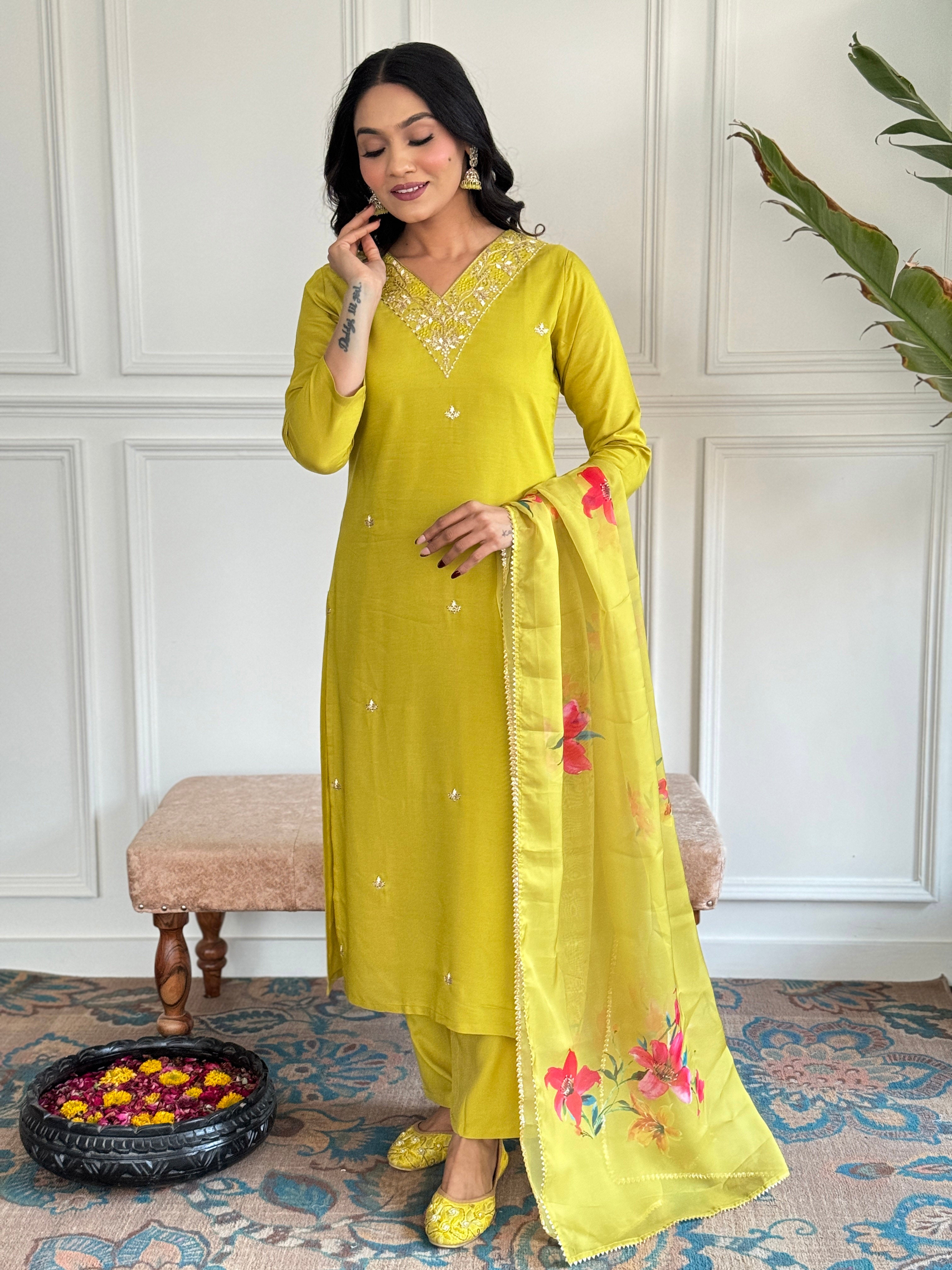 Yellow Rayon Slub Elegant Kurta Pant Set With Embroidery Work