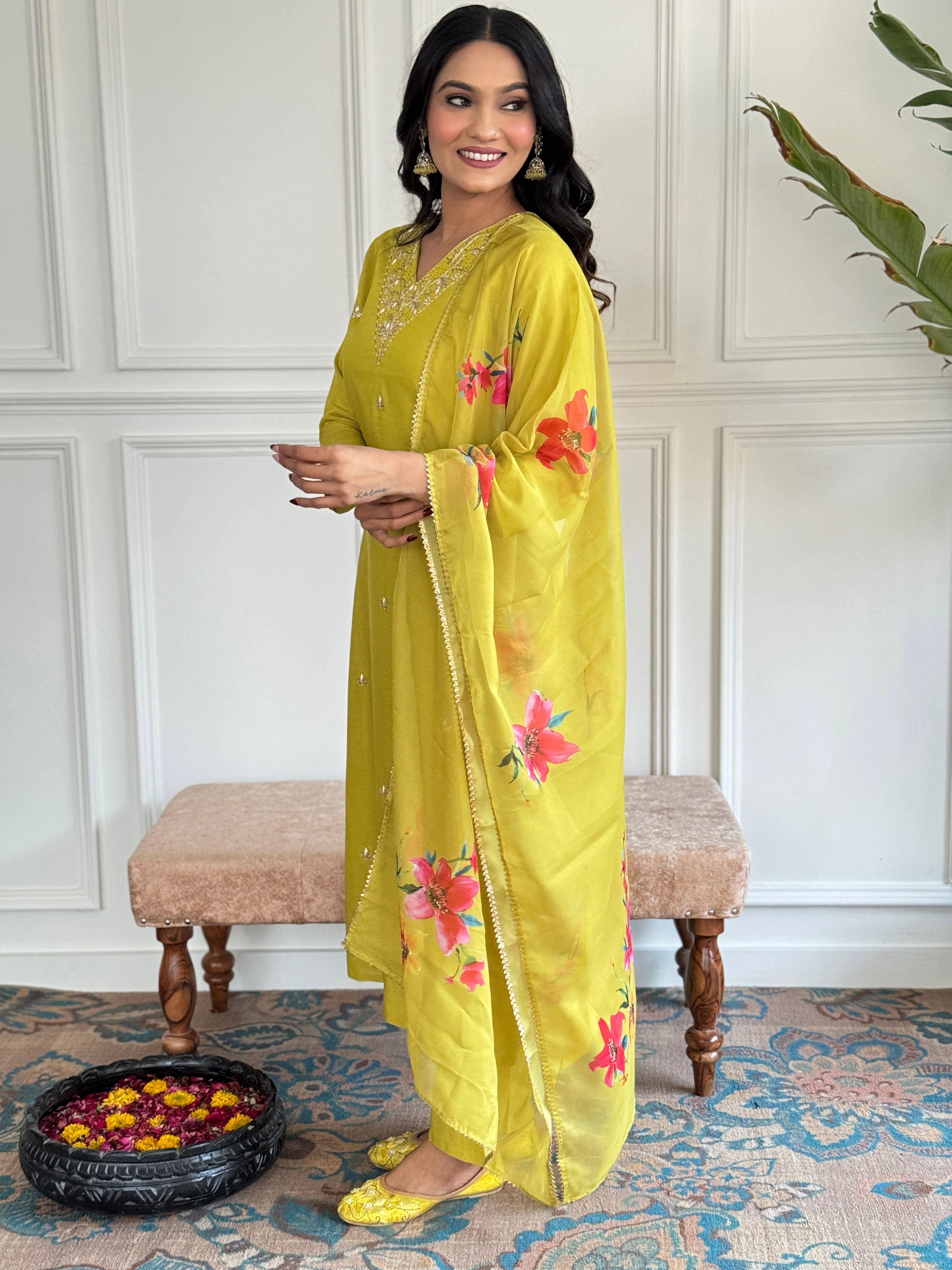 Yellow Rayon Slub Elegant Kurta Pant Set With Embroidery Work