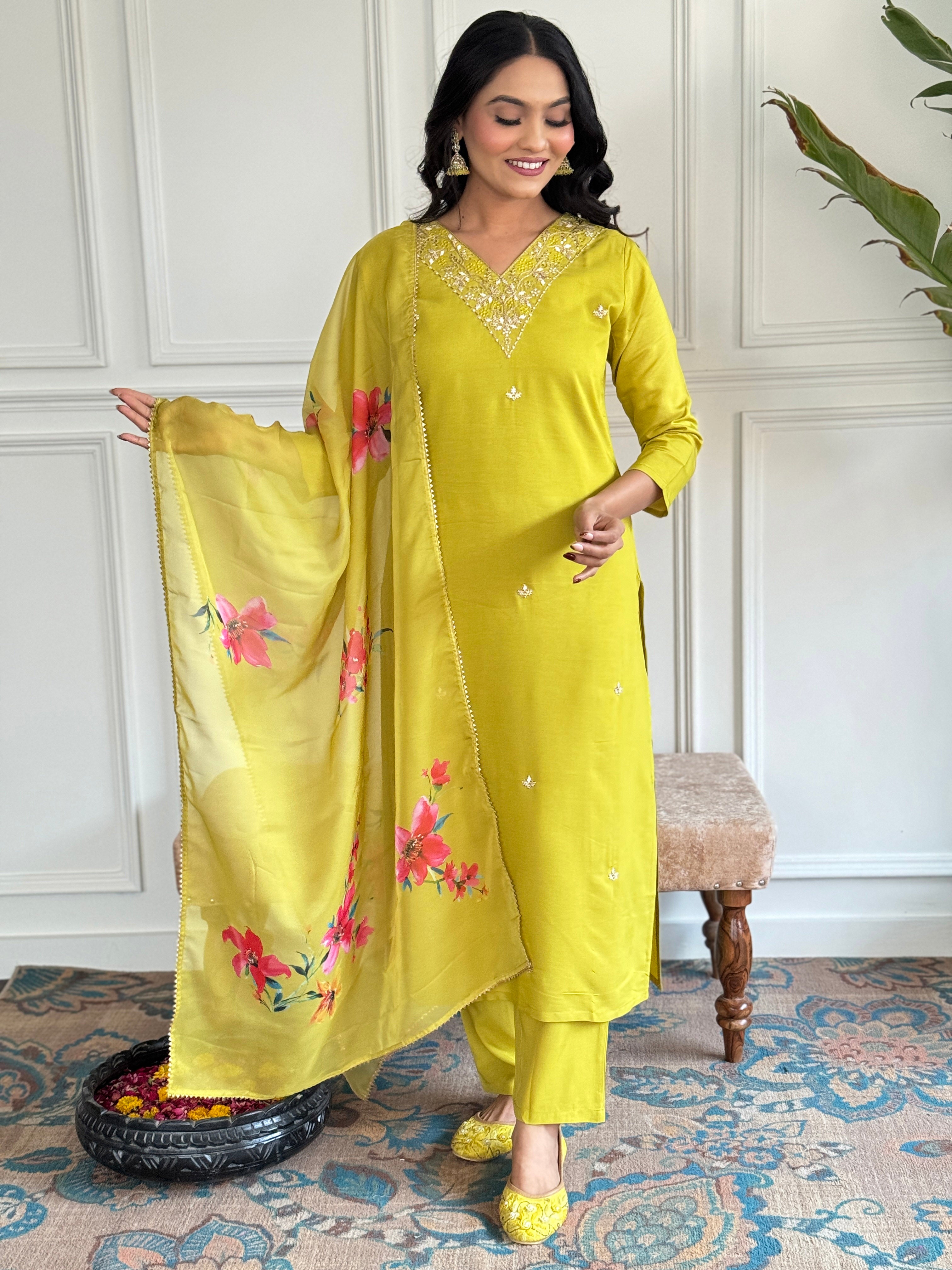 Yellow Rayon Slub Elegant Kurta Pant Set With Embroidery Work