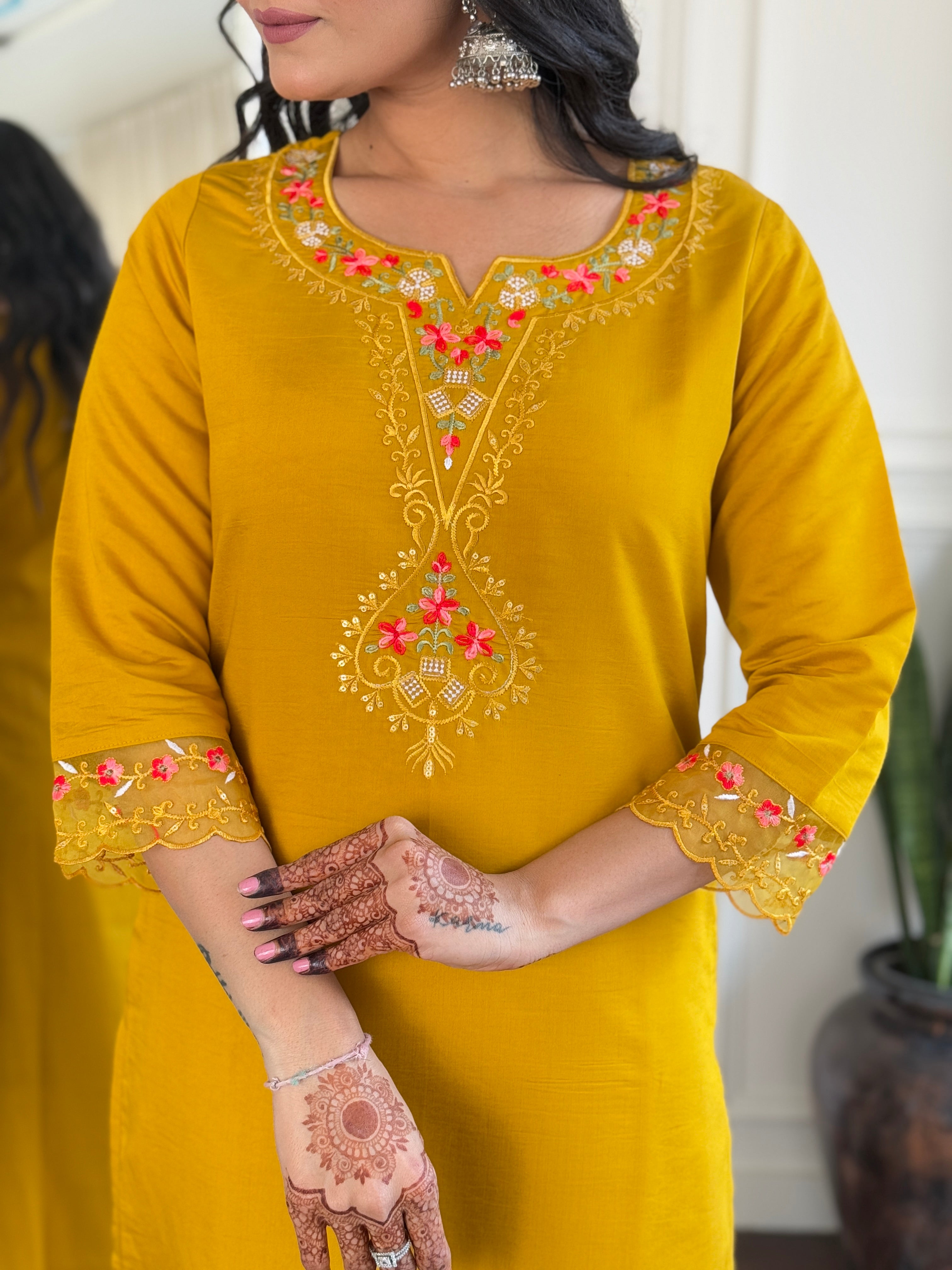Yellow Roman Silk Elegant Kurta Pant Set With Embroidery Work