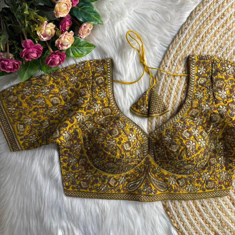 Yellow Sabyasachi Inspired Heavy Copper Work Bridal Blouse in Roman Silk with Embroidery & Sequins