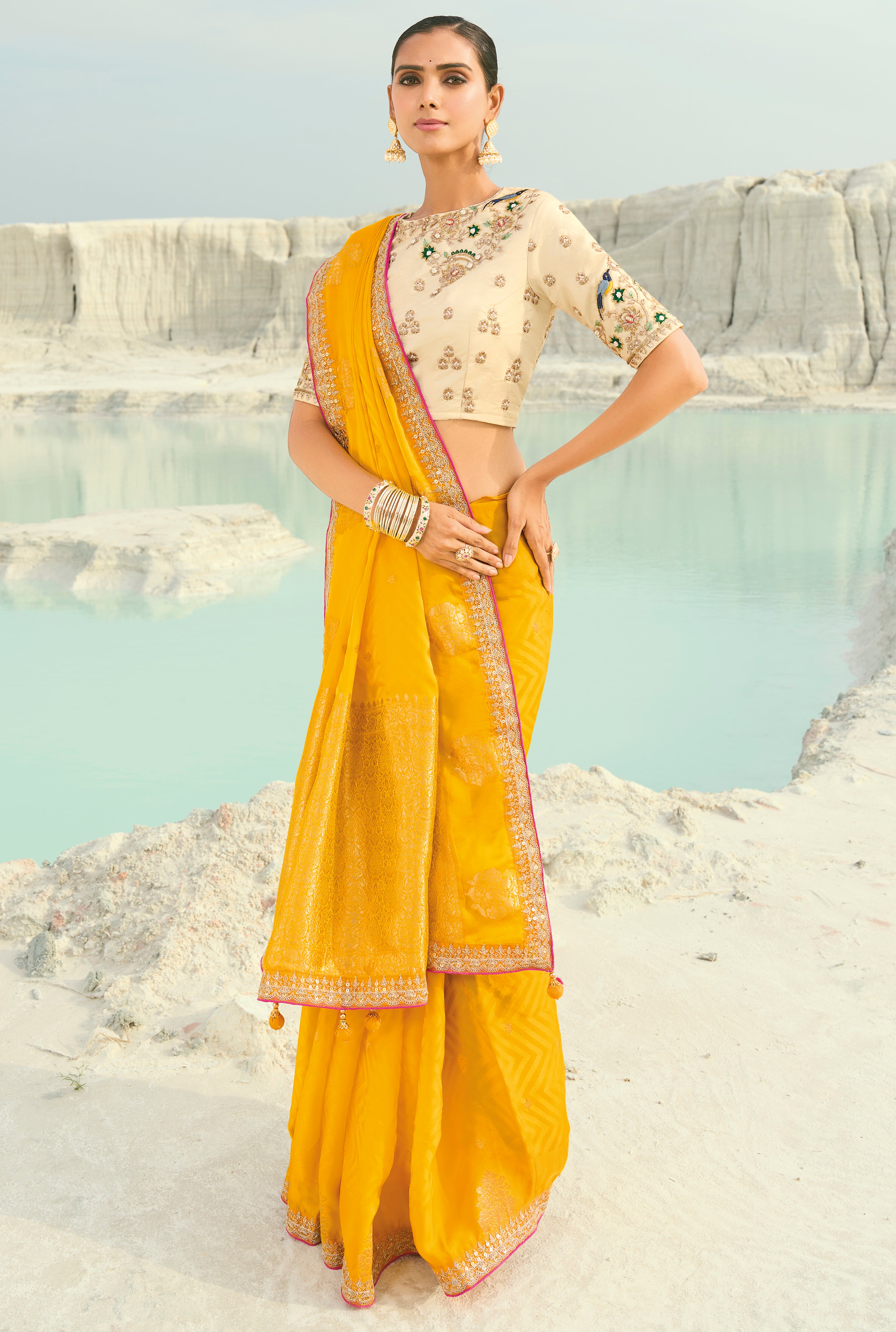 Yellow Saree With Coding Border With Cut-Dana, Moti Heavy Work Blouse