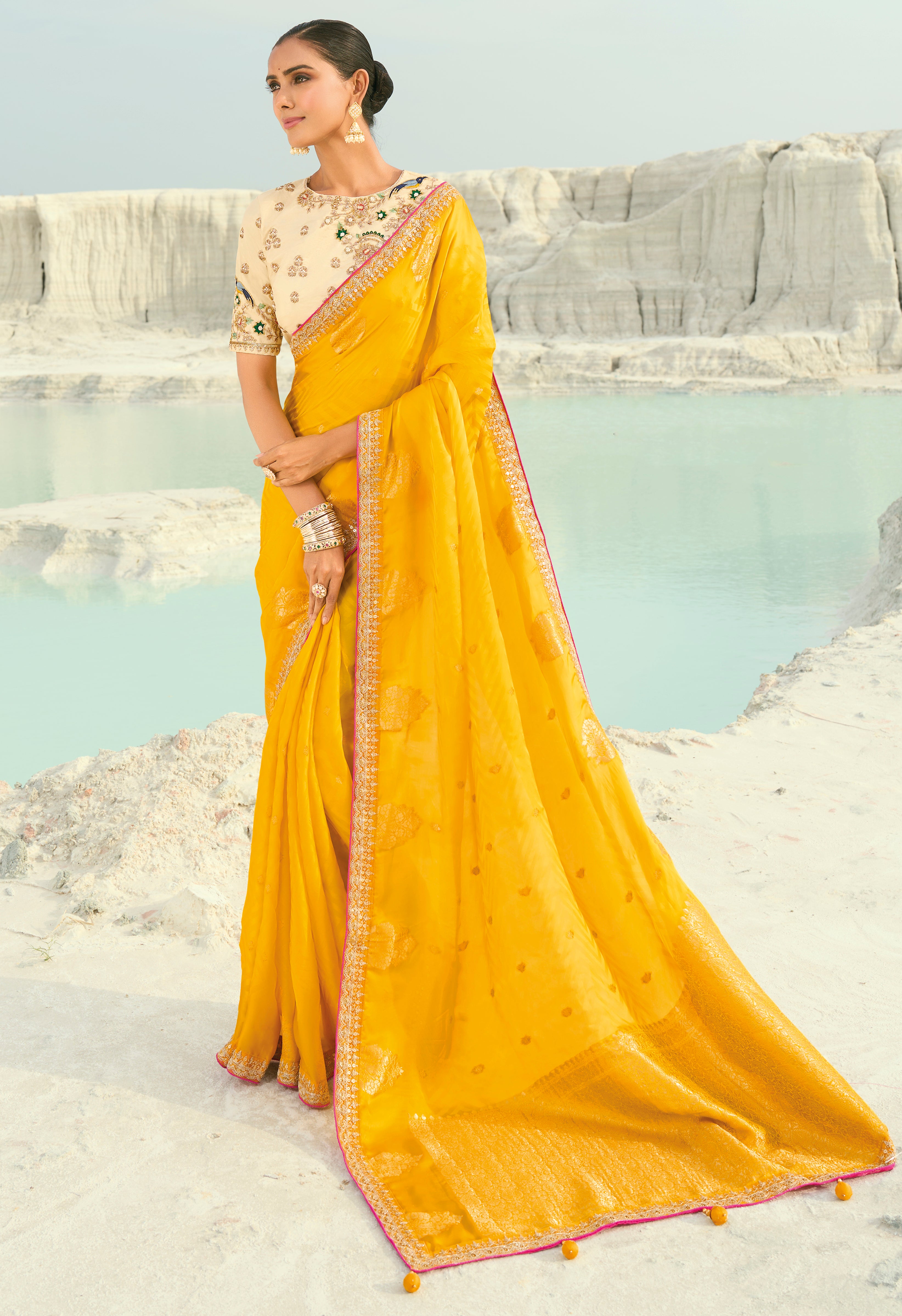 Yellow Saree With Coding Border With Cut-Dana, Moti Heavy Work Blouse
