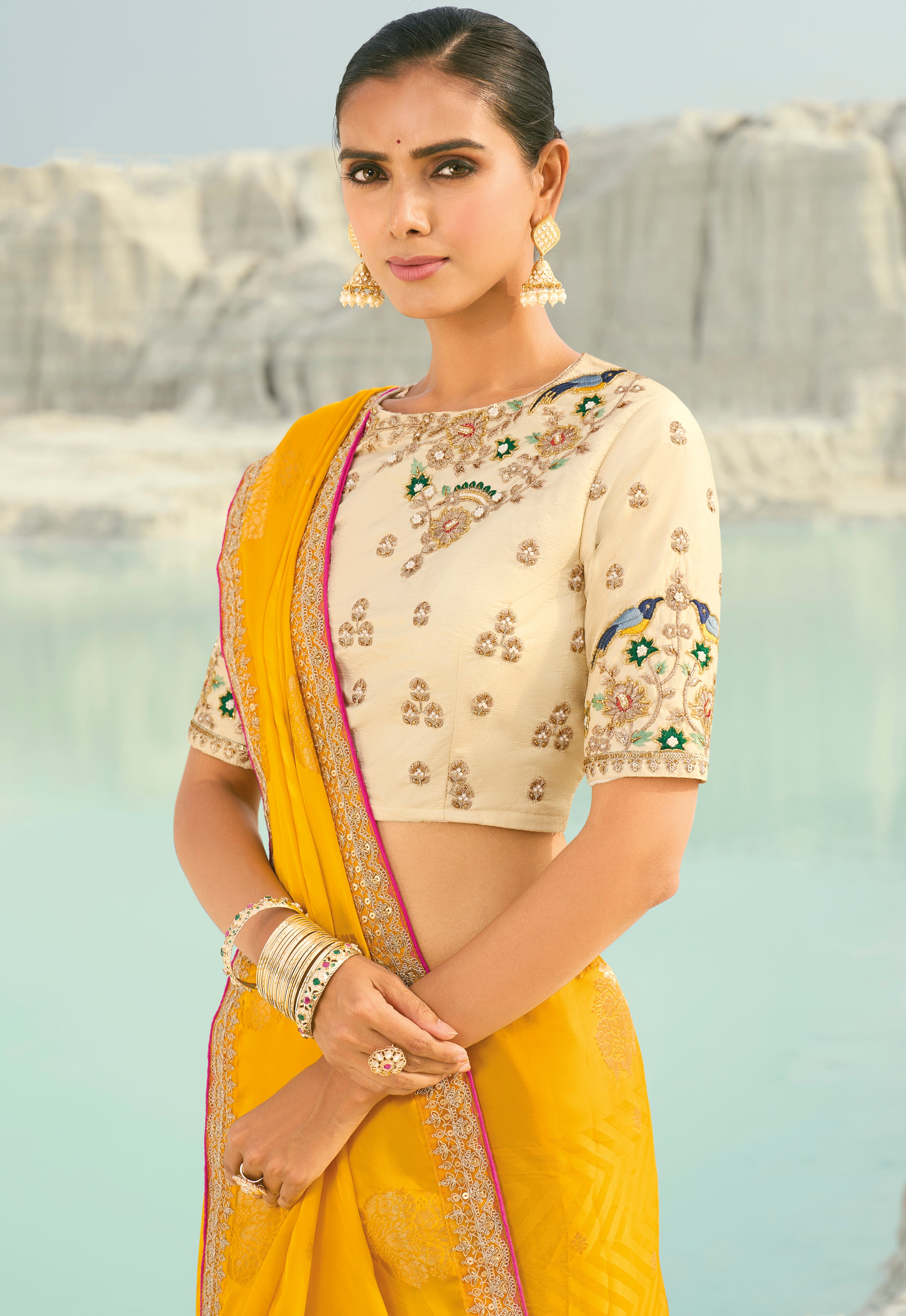 Yellow Saree With Coding Border With Cut-Dana, Moti Heavy Work Blouse
