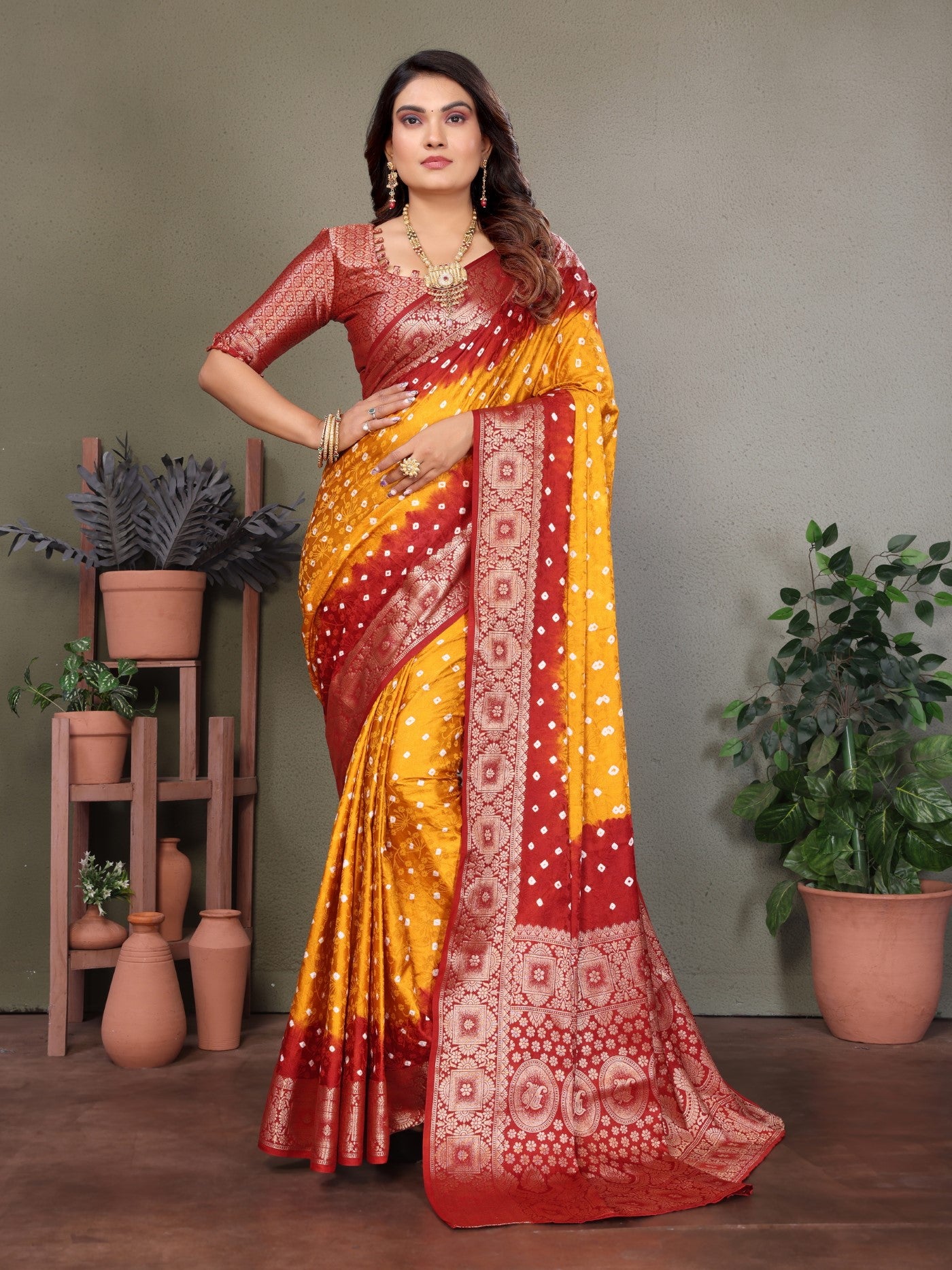 Yellow Satin Silk Saree With Bandhej And Zari Weaving