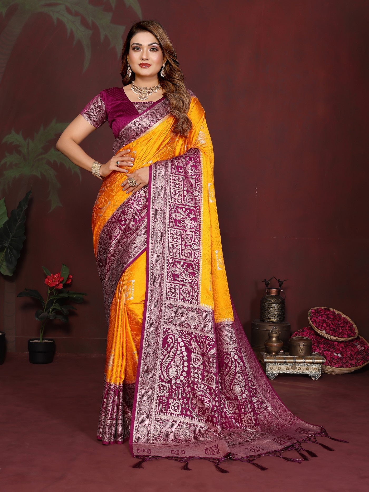 Yellow Satin Silk Saree With Zari Butta Designs