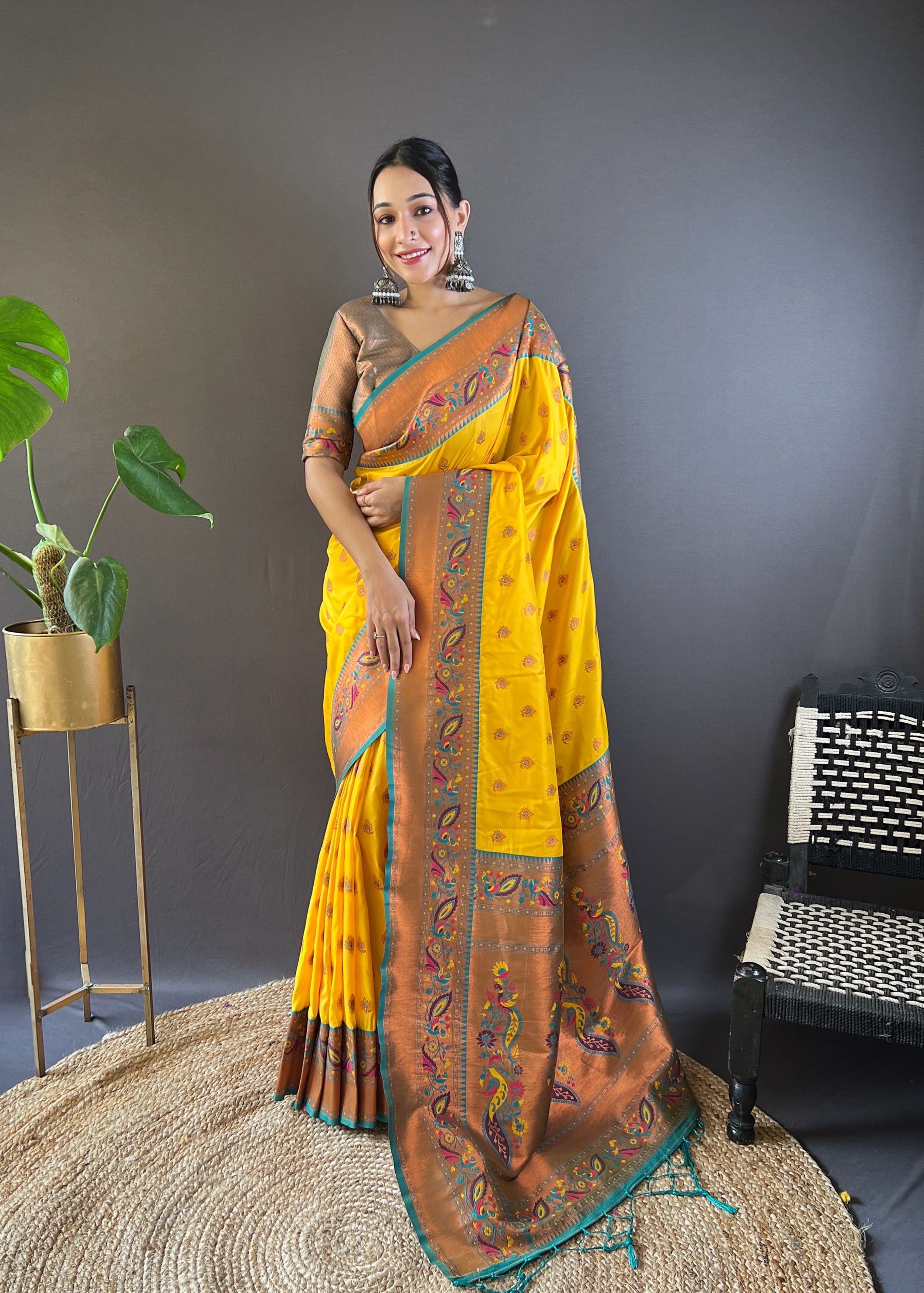 Yellow Silk Blend Paithani Saree