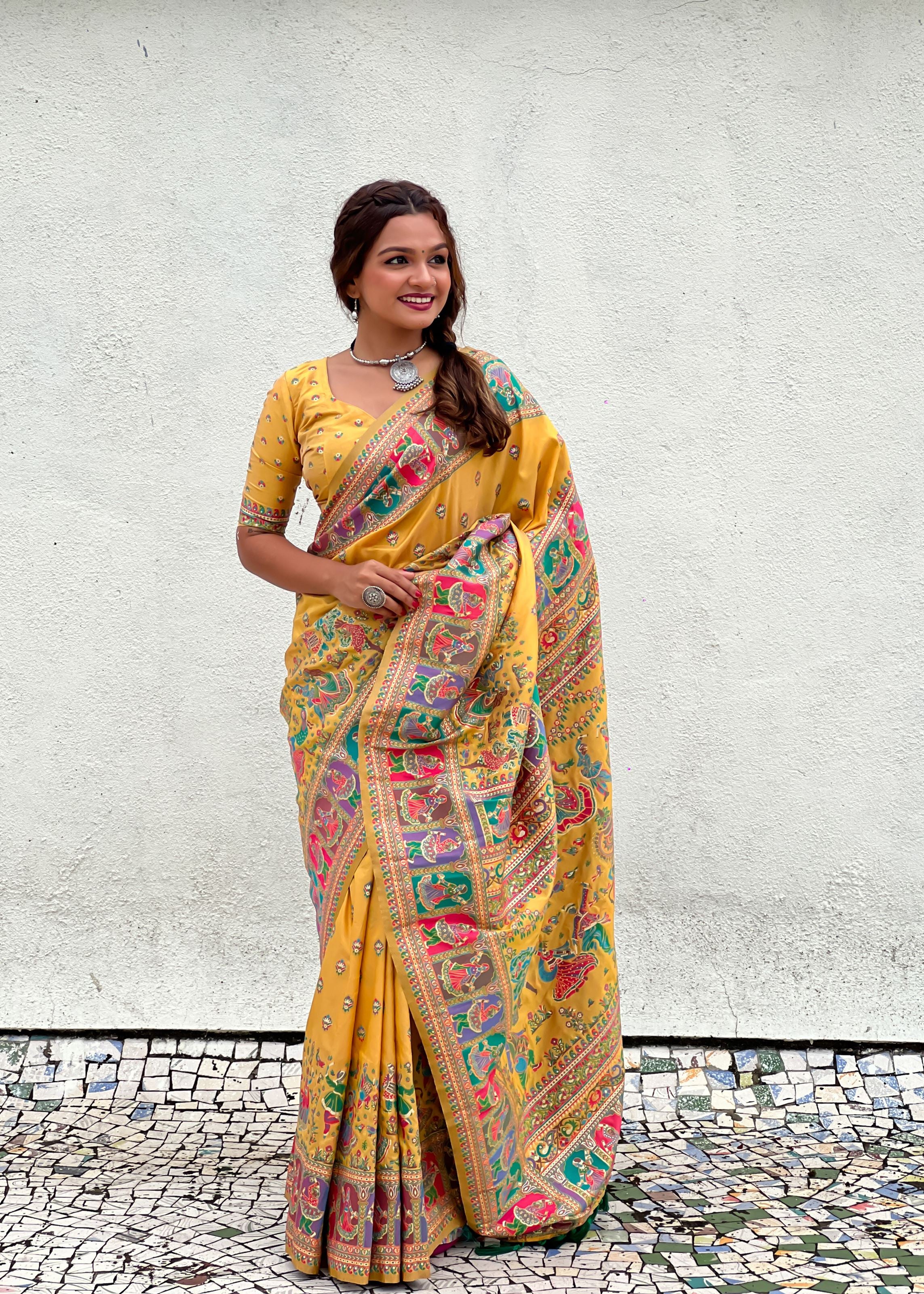 Yellow Silk Blend Saree With Meenakari Kashmiri woven Work