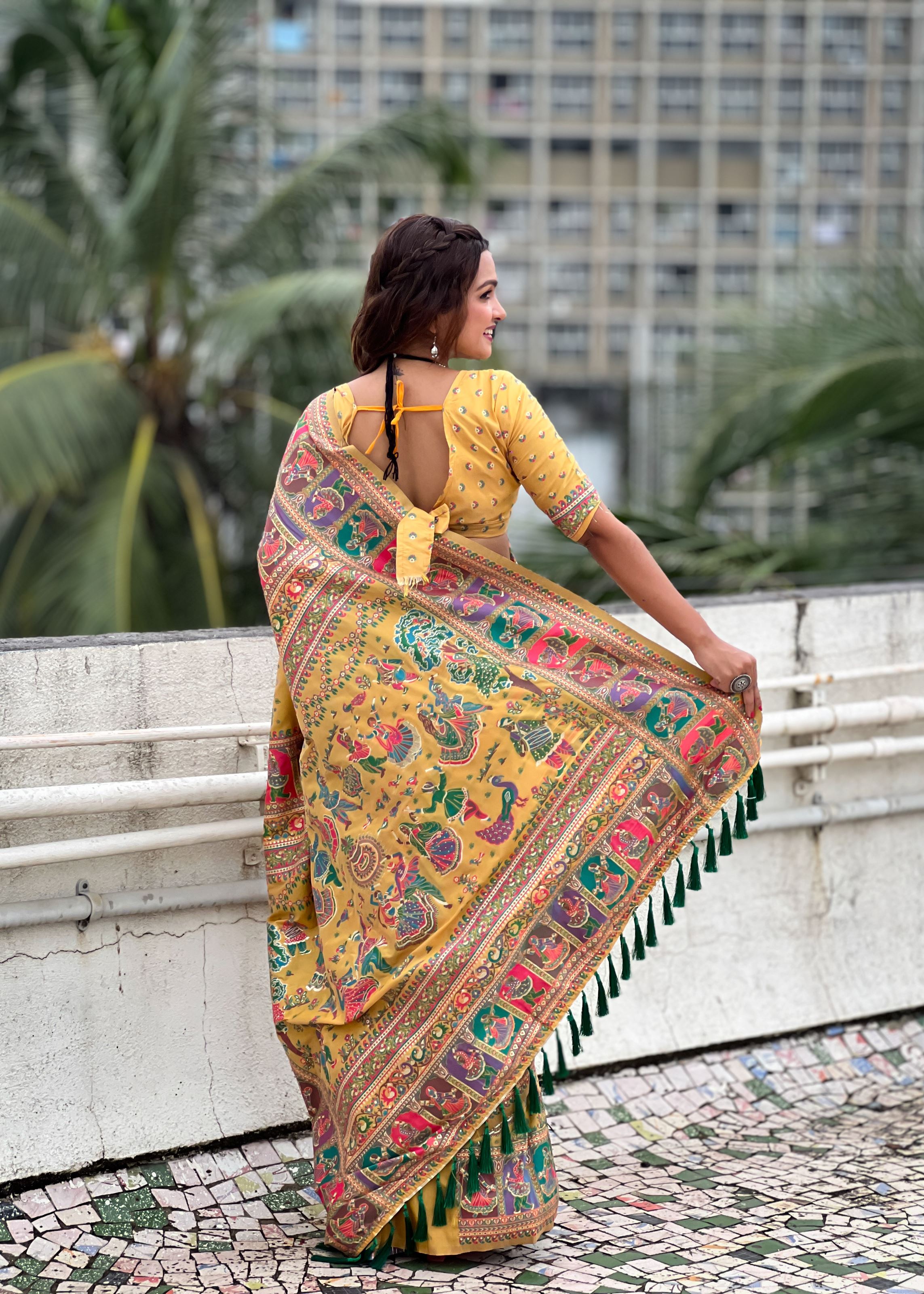Yellow Silk Blend Saree With Meenakari Kashmiri woven Work