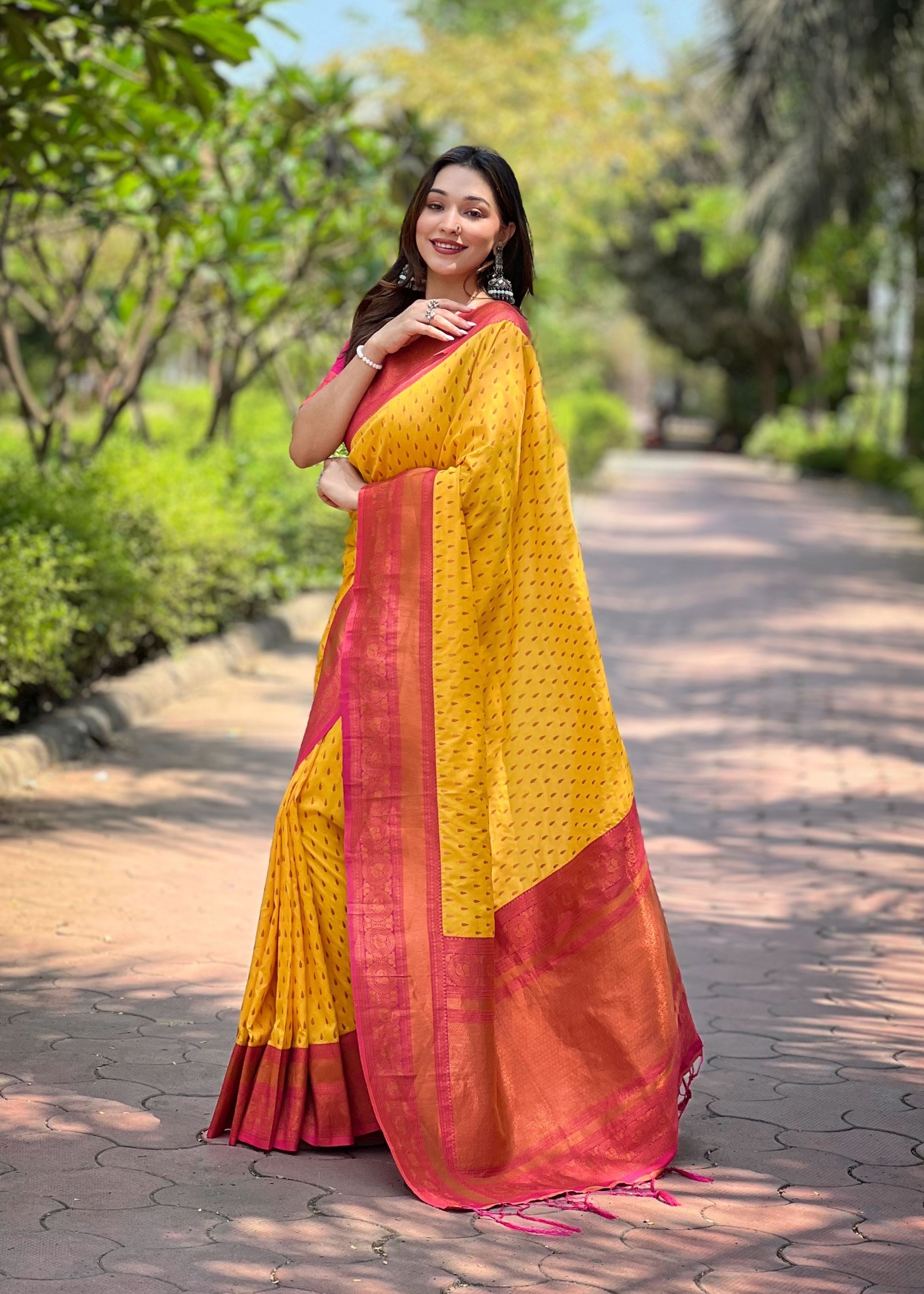 Yellow Silk Blend Saree With Woven Work