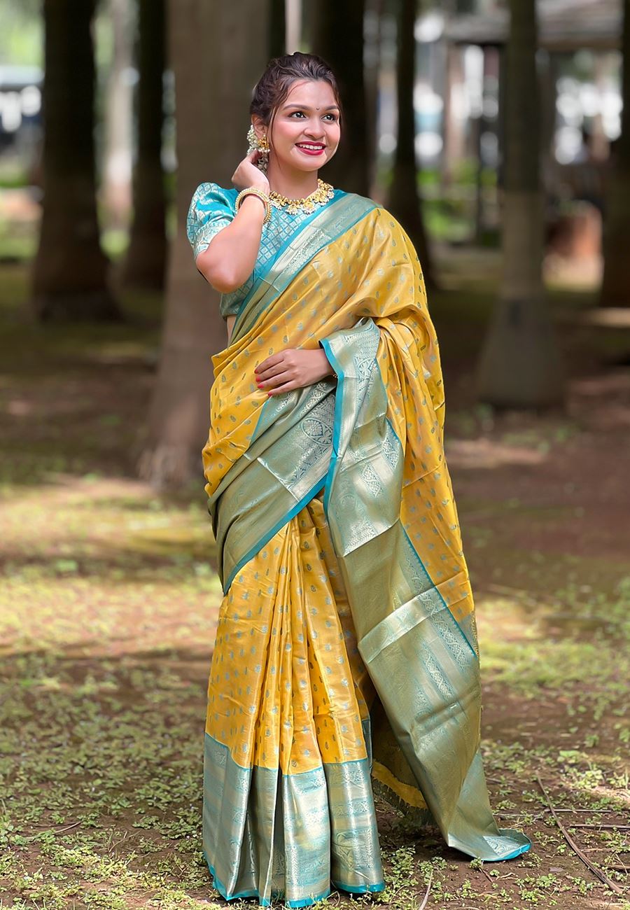 Yellow Silk Blend South Indian Kanchipuram Saree