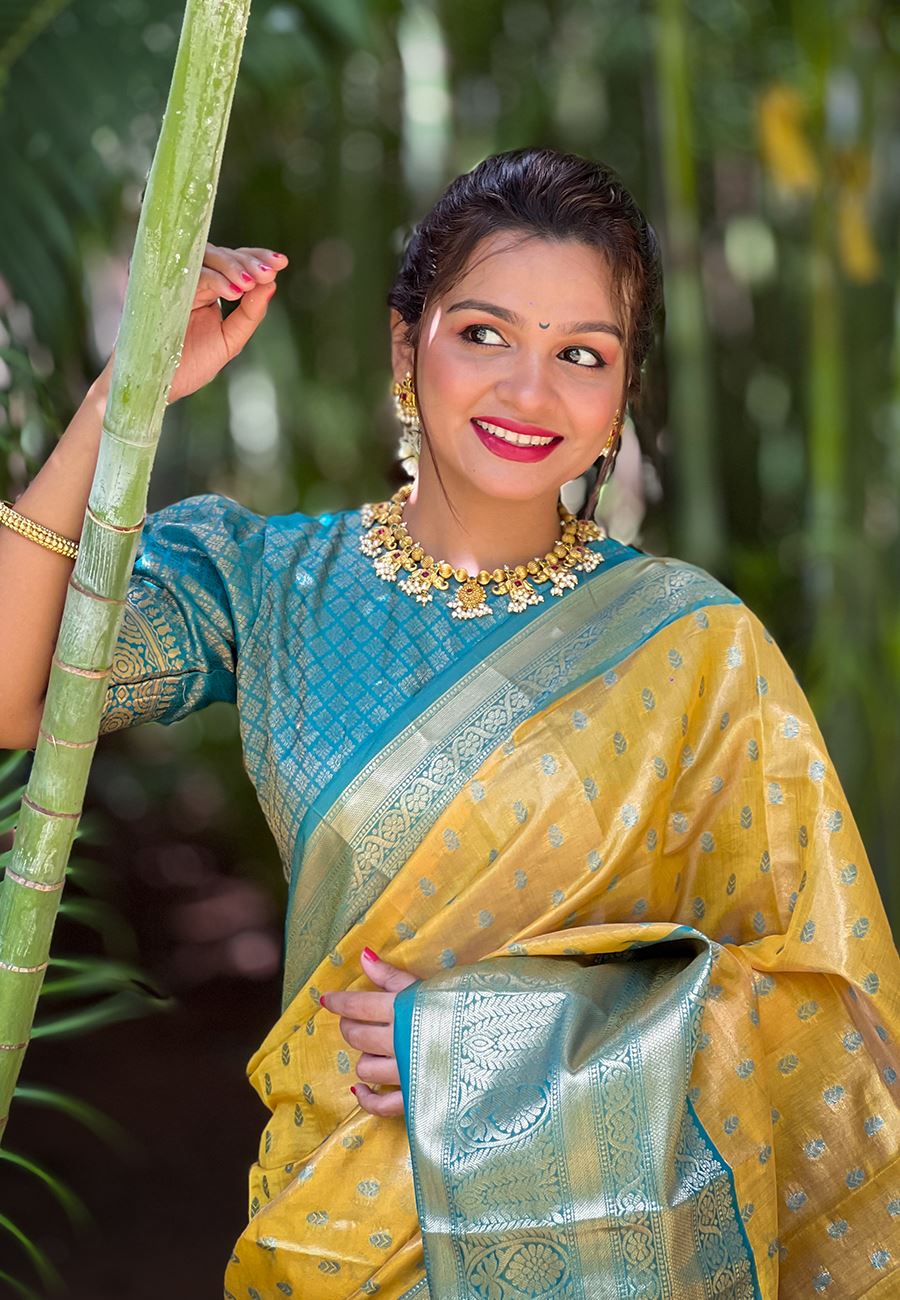 Yellow Silk Blend South Indian Kanchipuram Saree