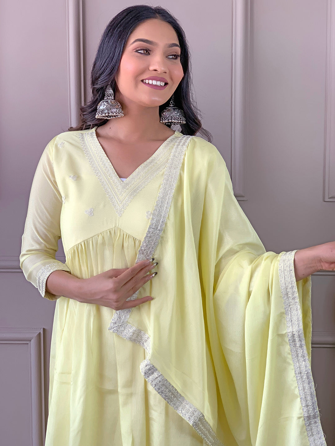 Yellow Silk Chiffon Elegant Kurta Pant Set With Thread Work
